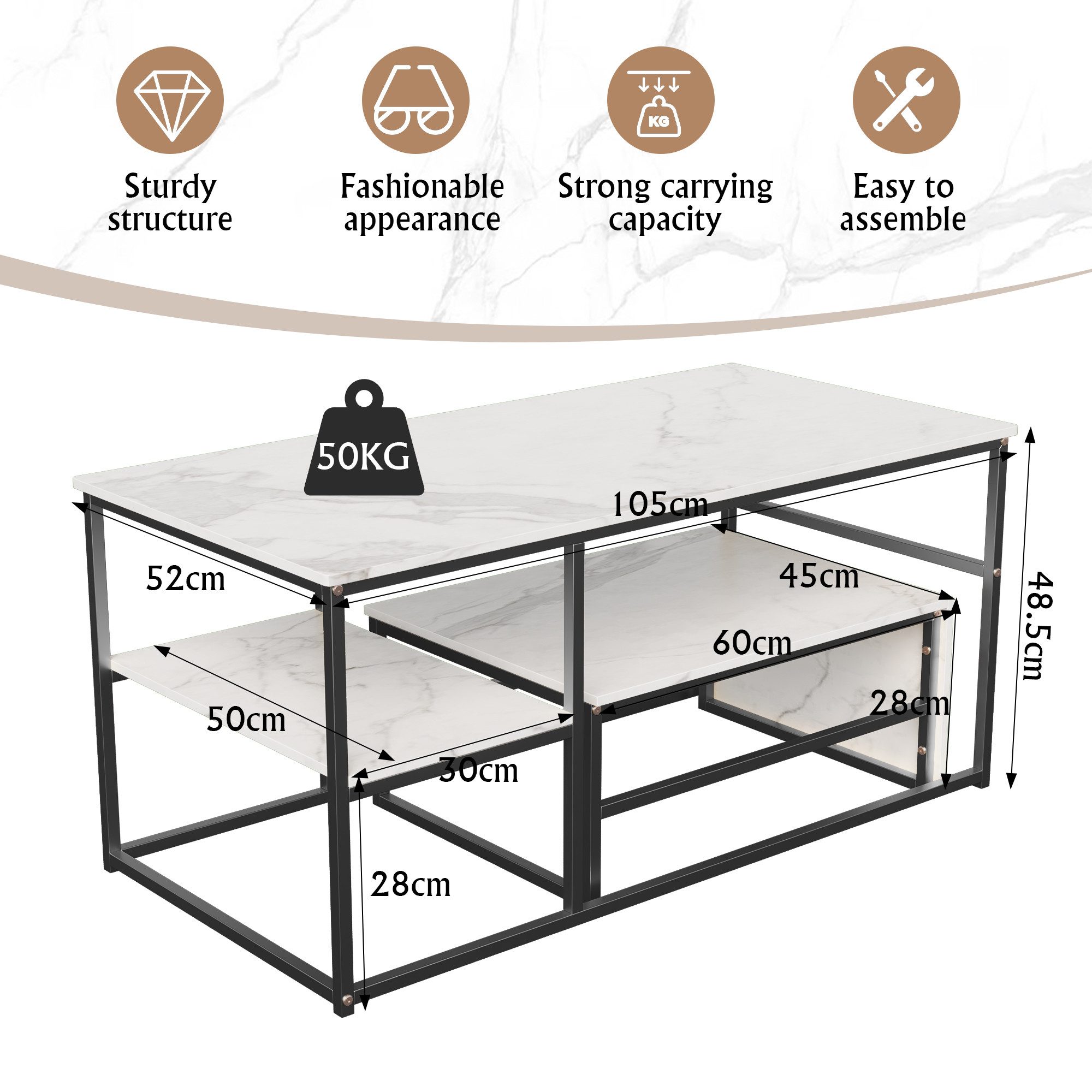 Furnishings Home Couchtisch Rechteck Satztisch Beistelltisch stapelbarer Sofatisch (2-St., Ideal für Wohnzimmer & Büro, Platzsparendes stapelbares Design), Mit Marmormuster Tischplatte, 105 x 52 x 48.5 cm + 60 x 45 x 28 cm