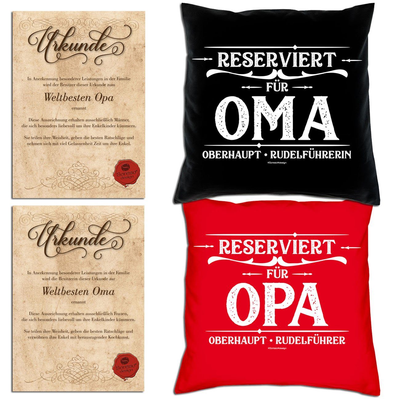 Soreso® Dekokissen Kissen-Set Reserviert für Opa Reserviert für Oma mit Urkunden, Weihnachtsgeschenk für Großeltern schwarz