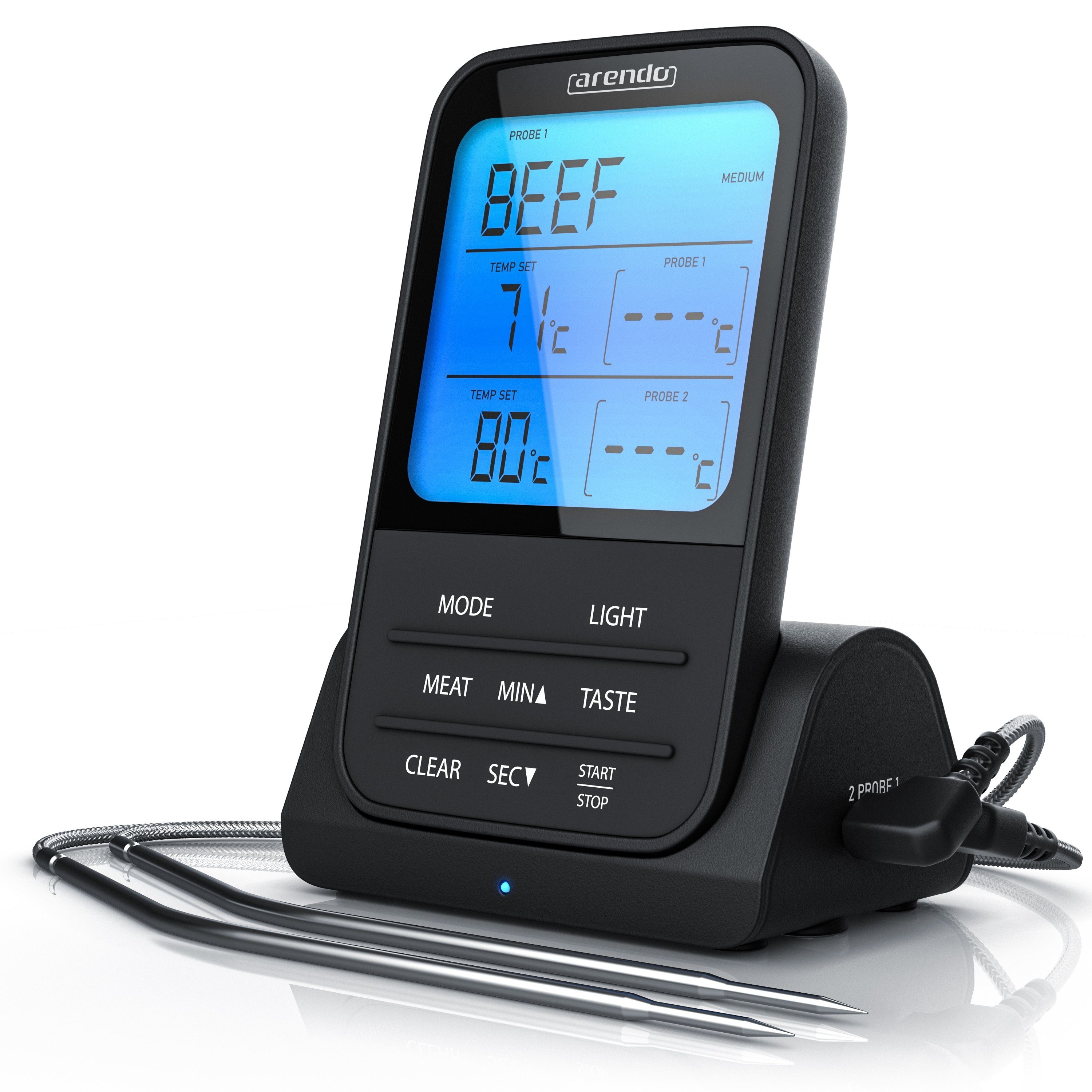 Arendo Grillthermometer, Grillthermometer digital mit Edelstahlsonden Temperatur mit Alarm