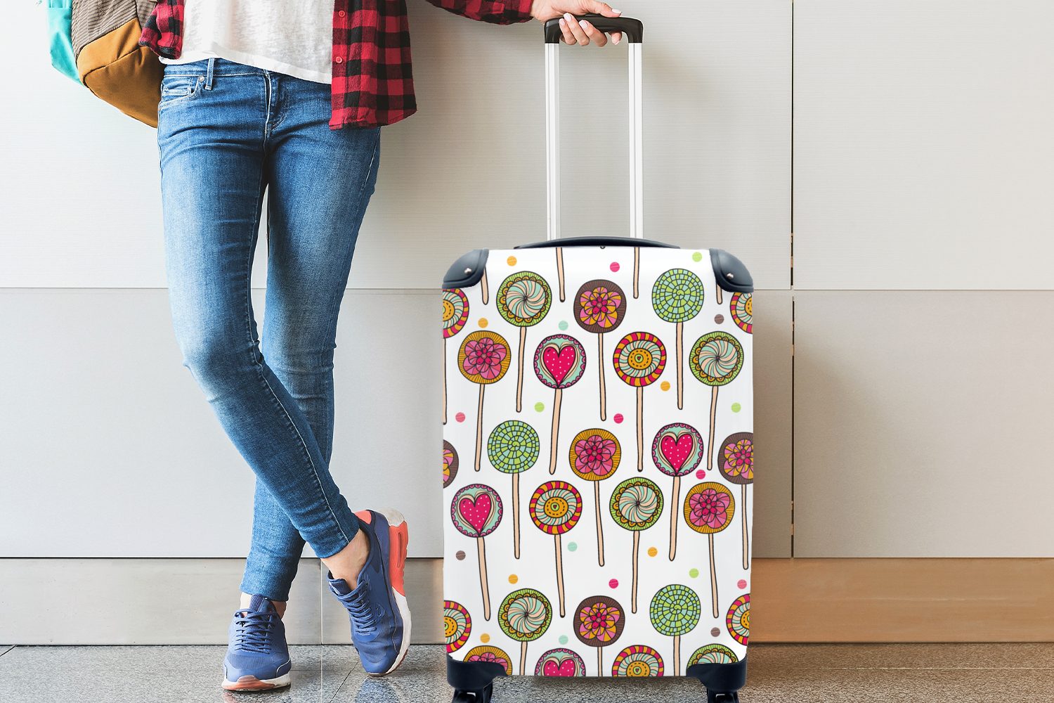 MuchoWow Handgepäckkoffer Muster - Lollipop für 4 Trolley, - - Ferien, mit Rollen, Reisetasche rollen, Süßigkeiten, Reisekoffer Herzen Handgepäck