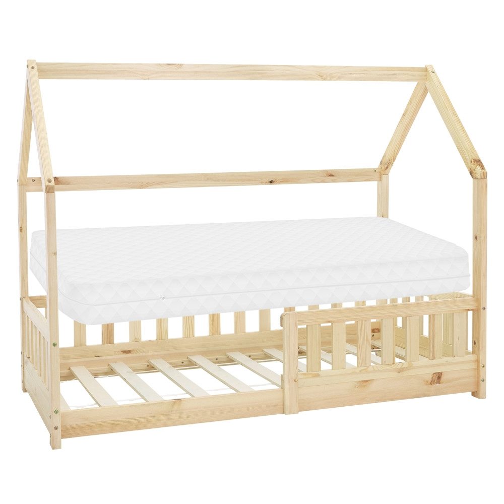 ML-DESIGN Spielbett Hausbett Kinderbett inkl. Lattenrost kreativ Bodenbett für Kinder, Abenteuerbett zum Spielen mit Rausfallschutz Kiefer Natur Himmelbett