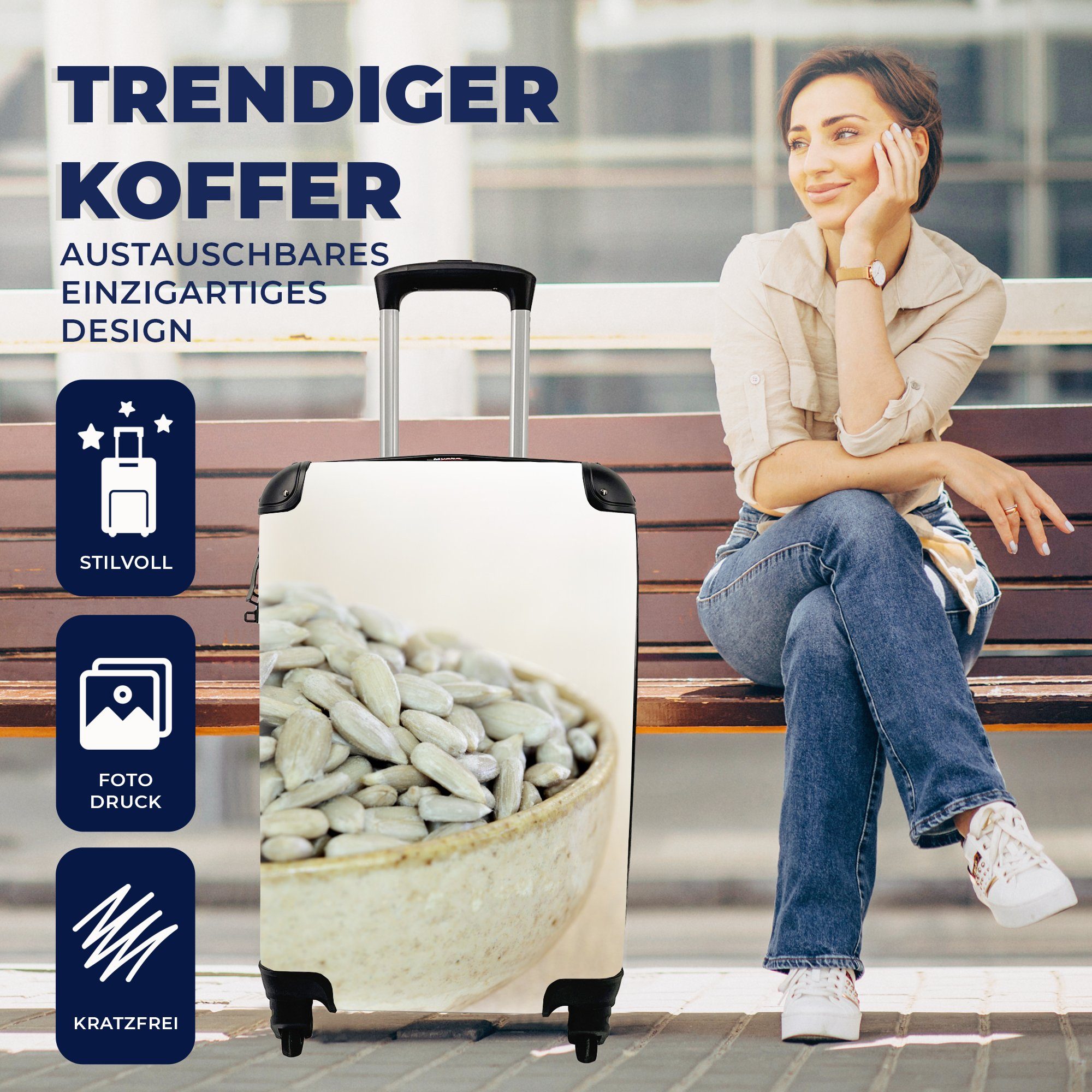 MuchoWow Handgepäckkoffer Schale mit Reisekoffer rollen, mit gefärbten weiß Ferien, Handgepäck Reisetasche für Trolley, Rollen, 4 Sonnenblumenkernen