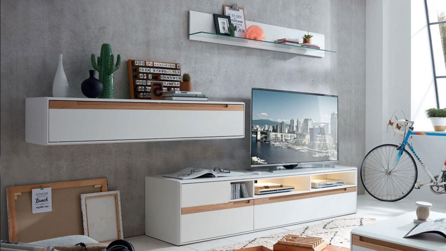Möbel Akut Wohnwand Wohnwand LIGHT LINE 5 weiß matt Lack Eiche massiv TV-Board