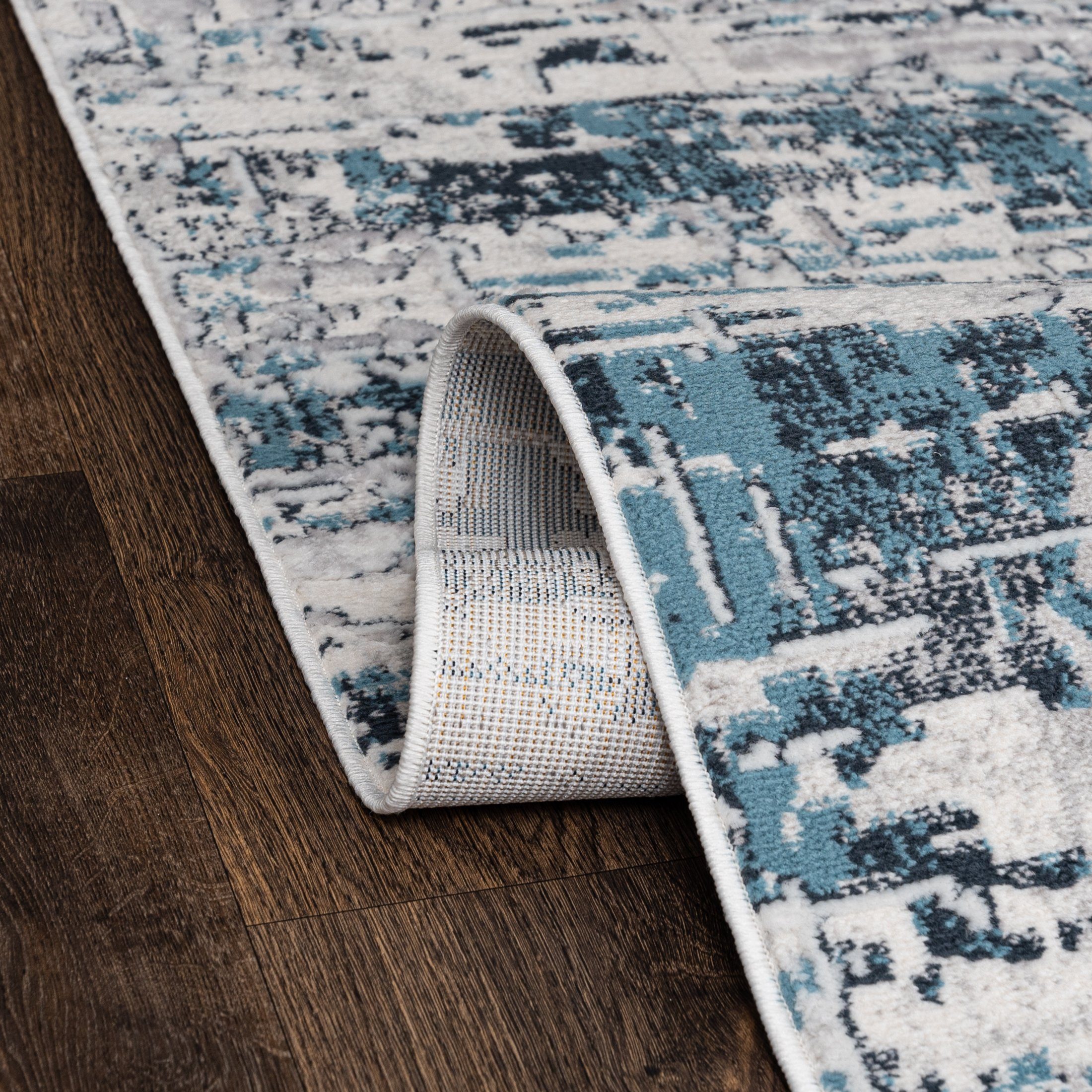 Geeignet Teppich Höhe - x Vintage 9 - Blau Abstrakt Modern Fußbodenheizung, kurzflor, 100 für Designteppich mm, Wohnzimmer, 60 Muster Mazovia, Kurzflor cm,