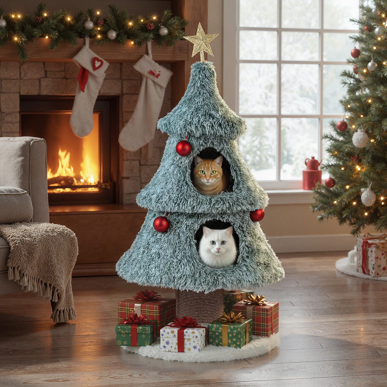 COSTWAY Kratzbaum, Katzenbaum für Weihnachten, mit 2 Höhlen von COSTWAY