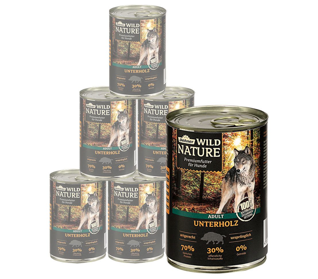Dehner Wild Nature Unterholz Adult Rind / Wildschwein, 6 x 400 / 800 g Dose Wildschwein, Nassfutter für: Hunde, Nassfutter für ausgewachsene Hunde, glutenfrei