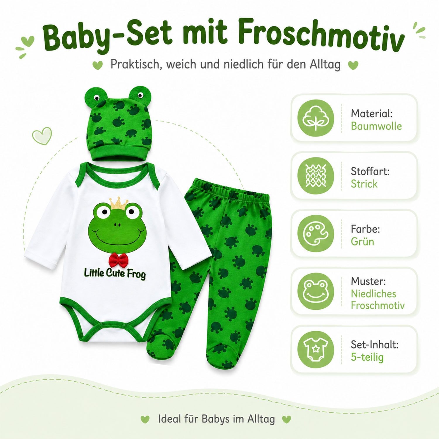 Jungengel Neugeborenen-Geschenkset Erstausstattung Baby Set 3-tlg Body Hose Mütze Frosch Baumwolle (Set, 3-tlg., 1 Langarm-Body, 1 Babymütze, 1 Hose mit Fuß) 3-teiliges Babyset aus 100 % Baumwolle mit Froschmotiv