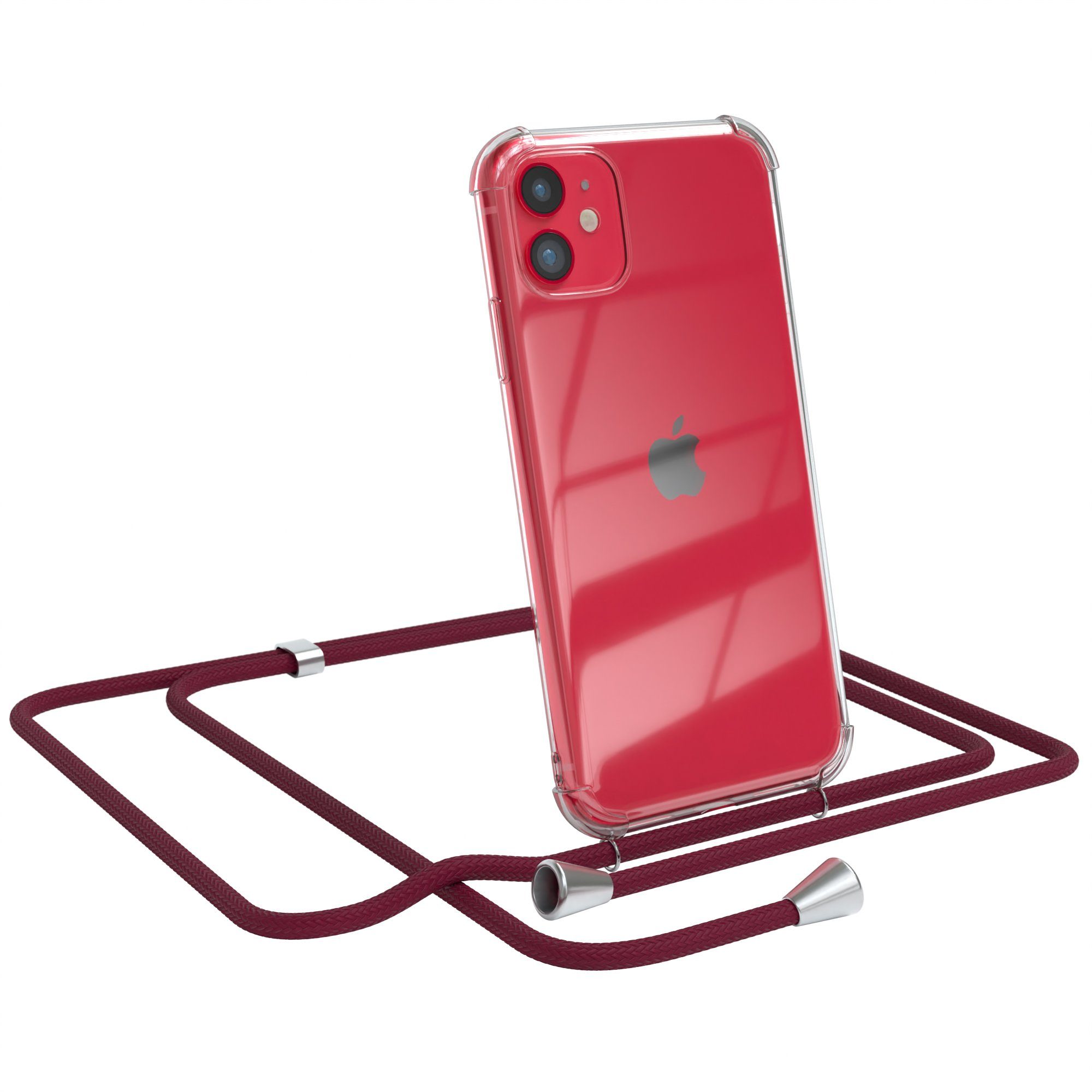 EAZY CASE Handykette Hülle mit Kette für Apple iPhone 11 6,1 Zoll,  Silikonhülle durchsichtig mit Umhängeband Handytasche Bordeaux Rot
