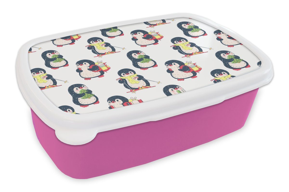 MuchoWow Lunchbox Pinguin - Ski - Winter - Kind - Muster, Kunststoff, (2-tlg), Brotbox für Erwachsene, Brotdose Kinder, Snackbox, Mädchen, Kunststoff rosa