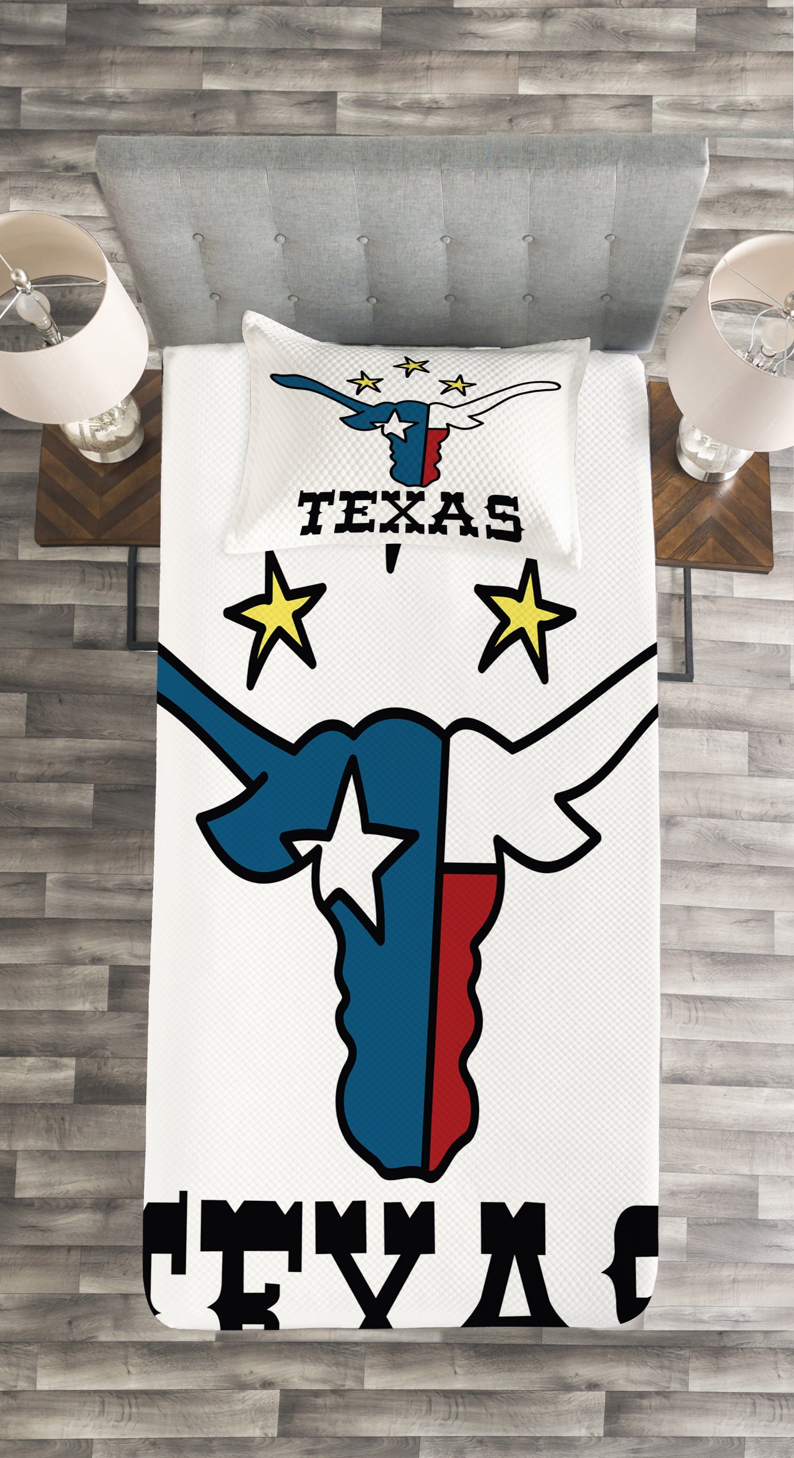 Büffel-Kopf-Flagge Tagesdecke Abakuhaus, mit Set Texas Waschbar, Star Kissenbezügen