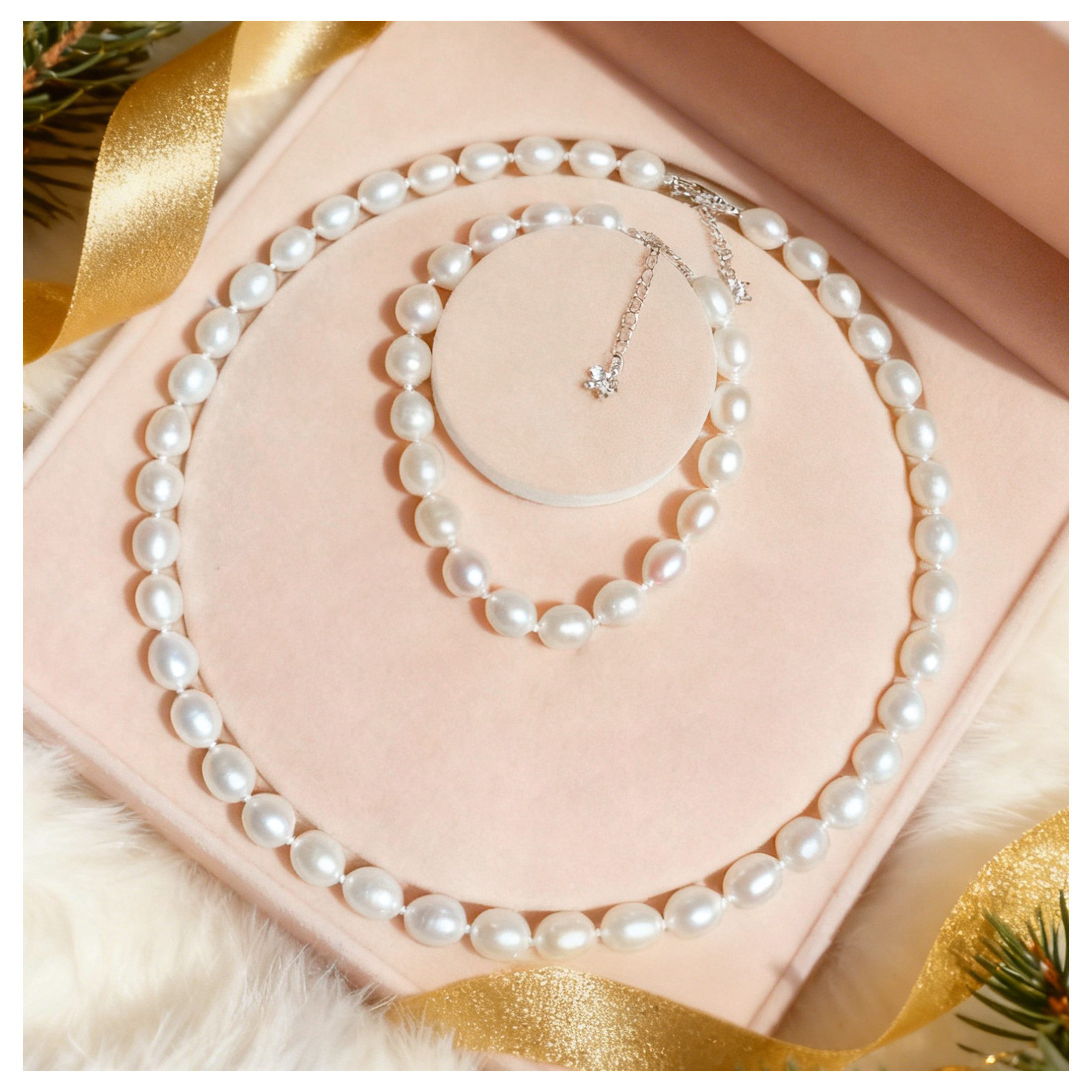 ibettertec Perlenketten-Set 8-9mm Perlenketten Set aus natürlichen Süßwasserperlen (Perlenkette Set, mit Armband, Ohrringe, Sterling-silber, 2-tlg., Damen Halskette, Schmuck Halskette, Perlenhalskette Hochwertige), Geschenk zum Muttertag, Geschenkbox, Geburtstagsgeschenk