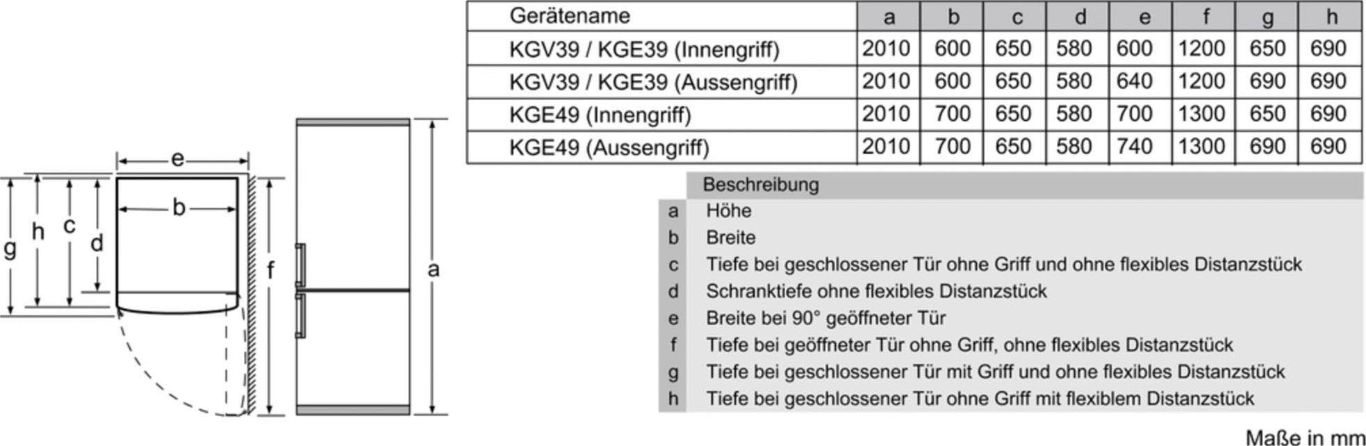 SIEMENS Kühl-/Gefrierkombination cm breit edelstahl cm KG39EALCA, 201 optik hoch, 60