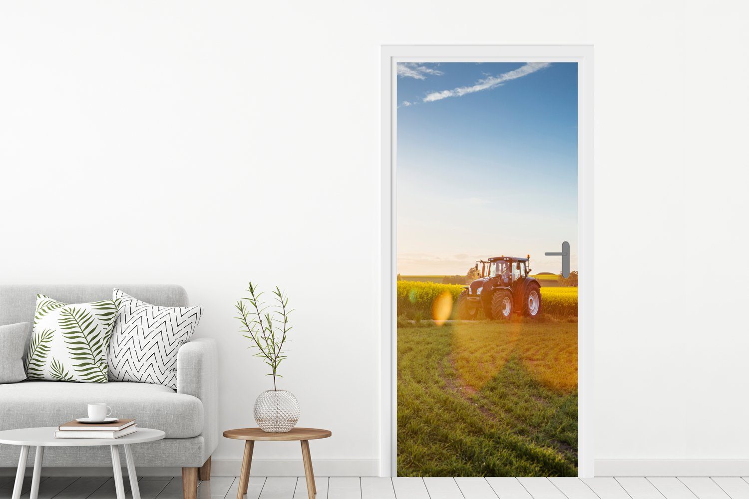 (1 cm St), - - für Sonnenuntergang, bedruckt, 75x205 Türtapete Traktor Fototapete Gras Türaufkleber, Tür, Matt, MuchoWow