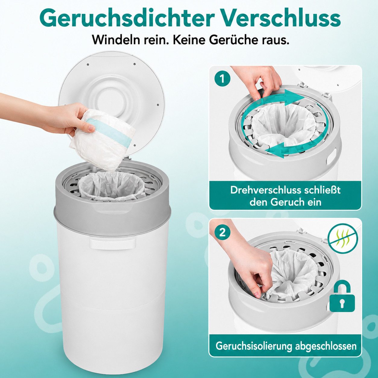 Rutaqian Windeleimer Windeleimer 13L mit Geruchsverschluss und Nachfüllfolie Baby, Windelmülleimer mit 360° Drehgriff einzeln versiegelnd Grau