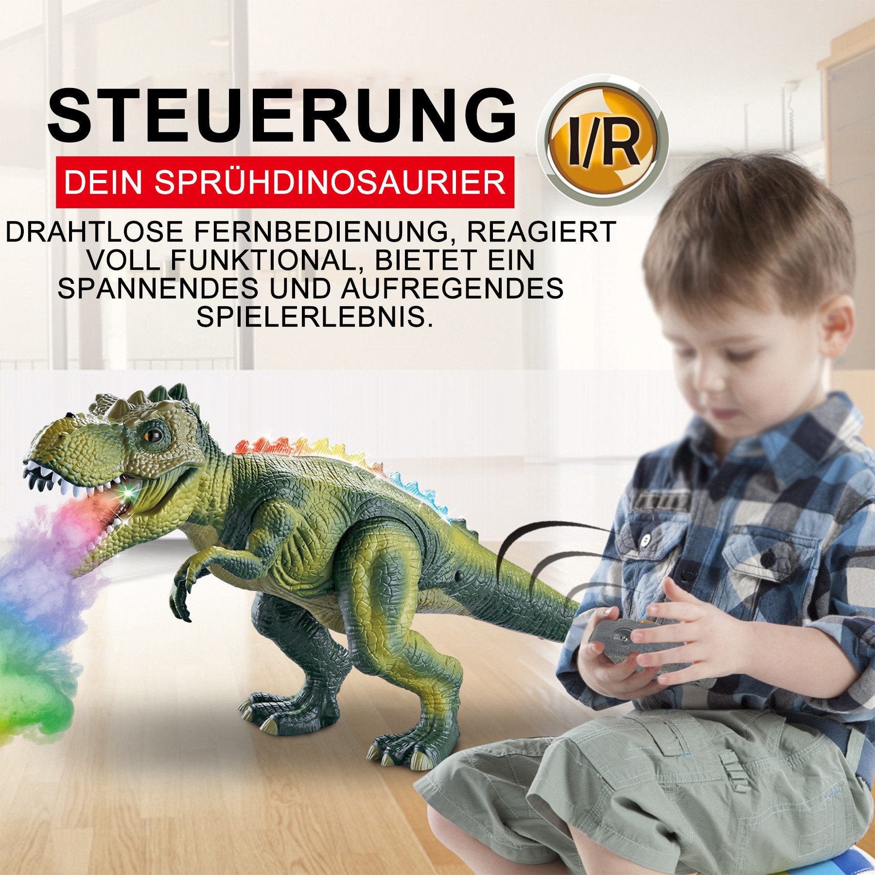 Senmudi Spielfigur Kinder LED Ferngesteuertes Dinosaurier Spielzeug, (Elektronik T-Rex Dino Spielzeug für Kleinkinder Jungen Mädchen, mit Spray, Licht,Brüllen,Realistische Gehbewegungen), ab 4 5 6 8 jahre jungen with Led Light & Roaring Sound