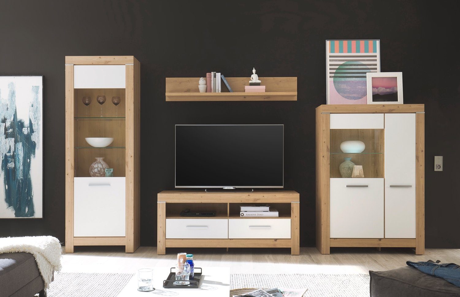 Wohnwand BALIN, B 325 cm, Artisan Eiche Dekor, Weiß matt, (4-teilig), mit LED-Beleuchtung