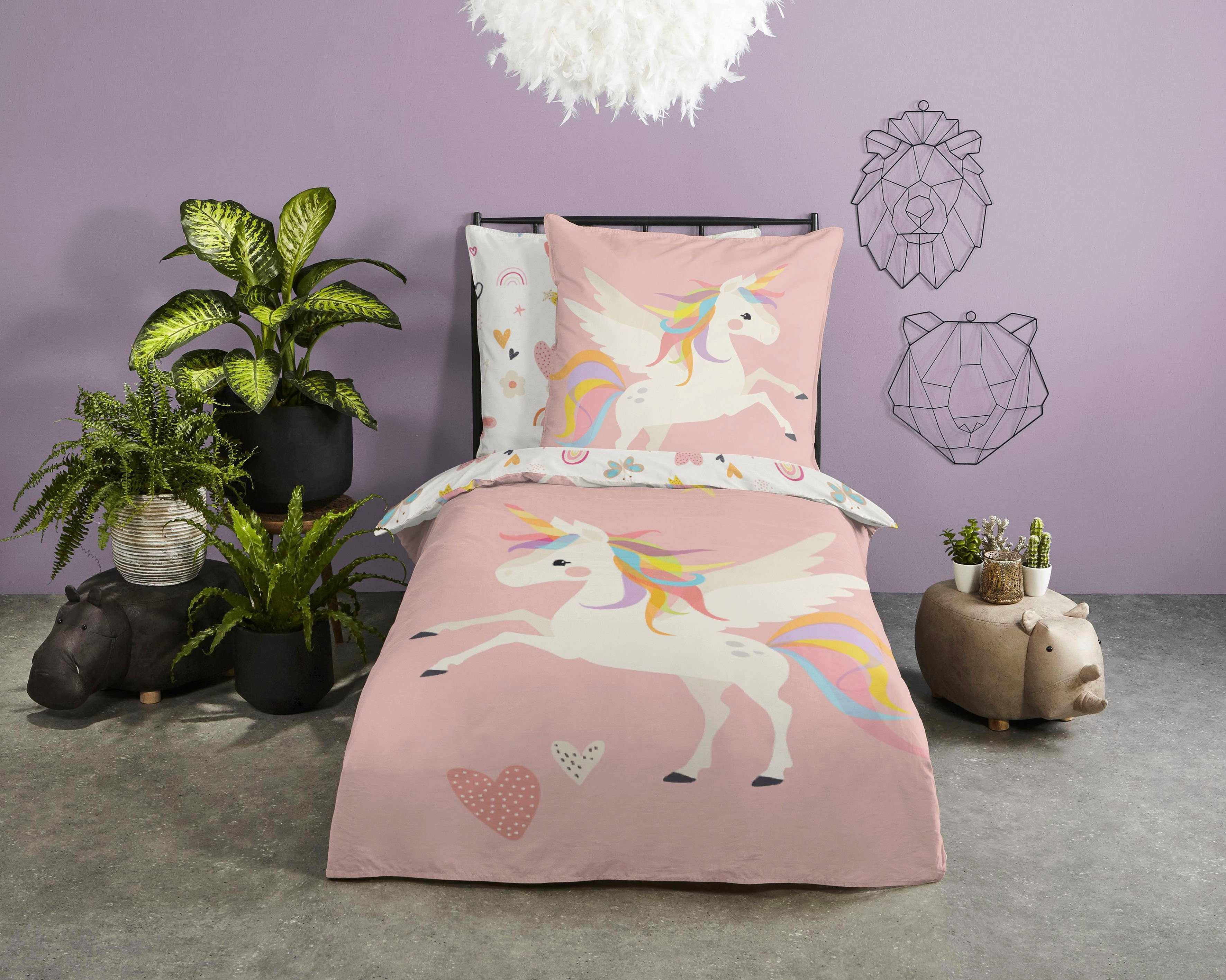 Kinderbettwäsche Unicorn, good morning, Renforcé, 2 teilig, 100% Baumwolle