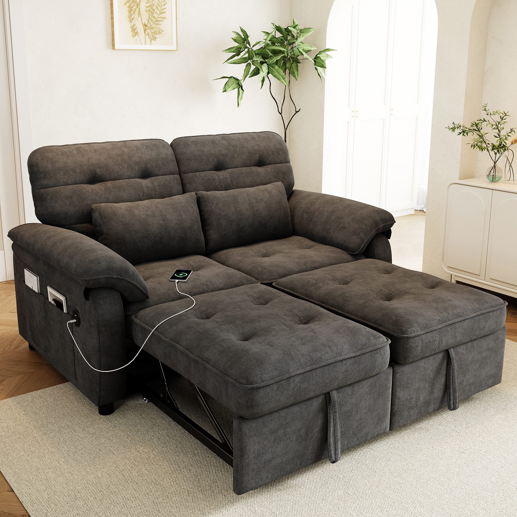 Merax Schlafsofa faltbar mit 3-fach verstellbarer Rückenlehne, Chenille, Sofabett Tagesbett Sofa 1 Teile, 3-in-1 Doppelschlafsofa mit Seitentasche, 2 Kissen & USB-Anschluss