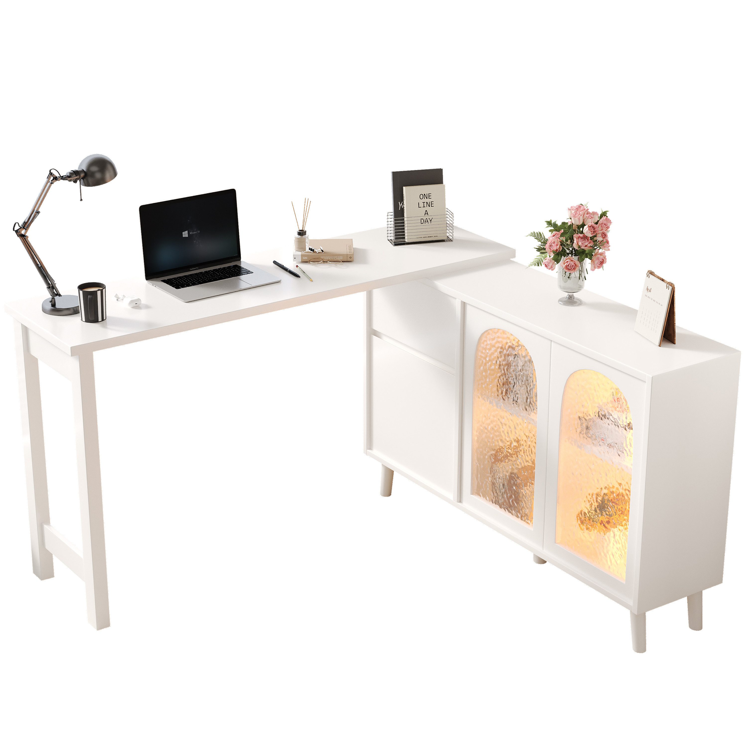 OKWISH Eckschreibtisch 360° drehbar, mit LED (Sideboard, 1-St., 2-in-1 Sideboard und Arbeitsplatte), mit Acryltür, Ölgemälde Textur