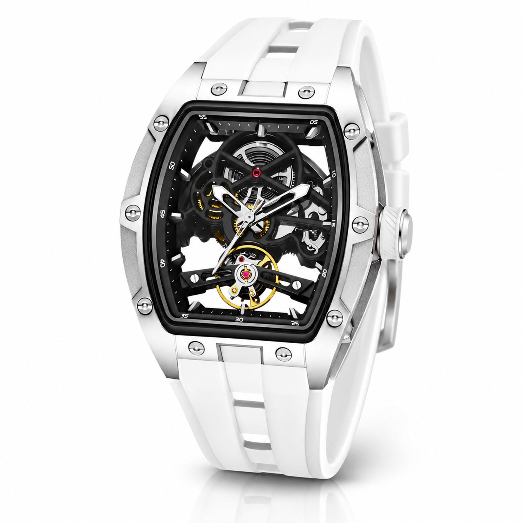 S&T Design Automatikuhr Armbanduhr Herren Uhr Edelstahl Silikon Skelett Skelleton, (inkl. Geschenkbox, Schnalle), Mechanisch 50M Wasserdicht Rechteckig