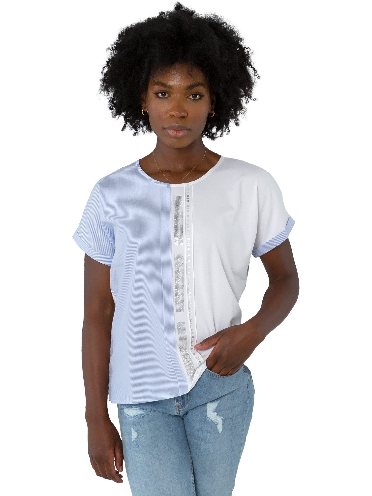 Gio Milano Kurzarmshirt G30-1109 Denim mit Strassapplikationen aufwendige Strassapplikationen