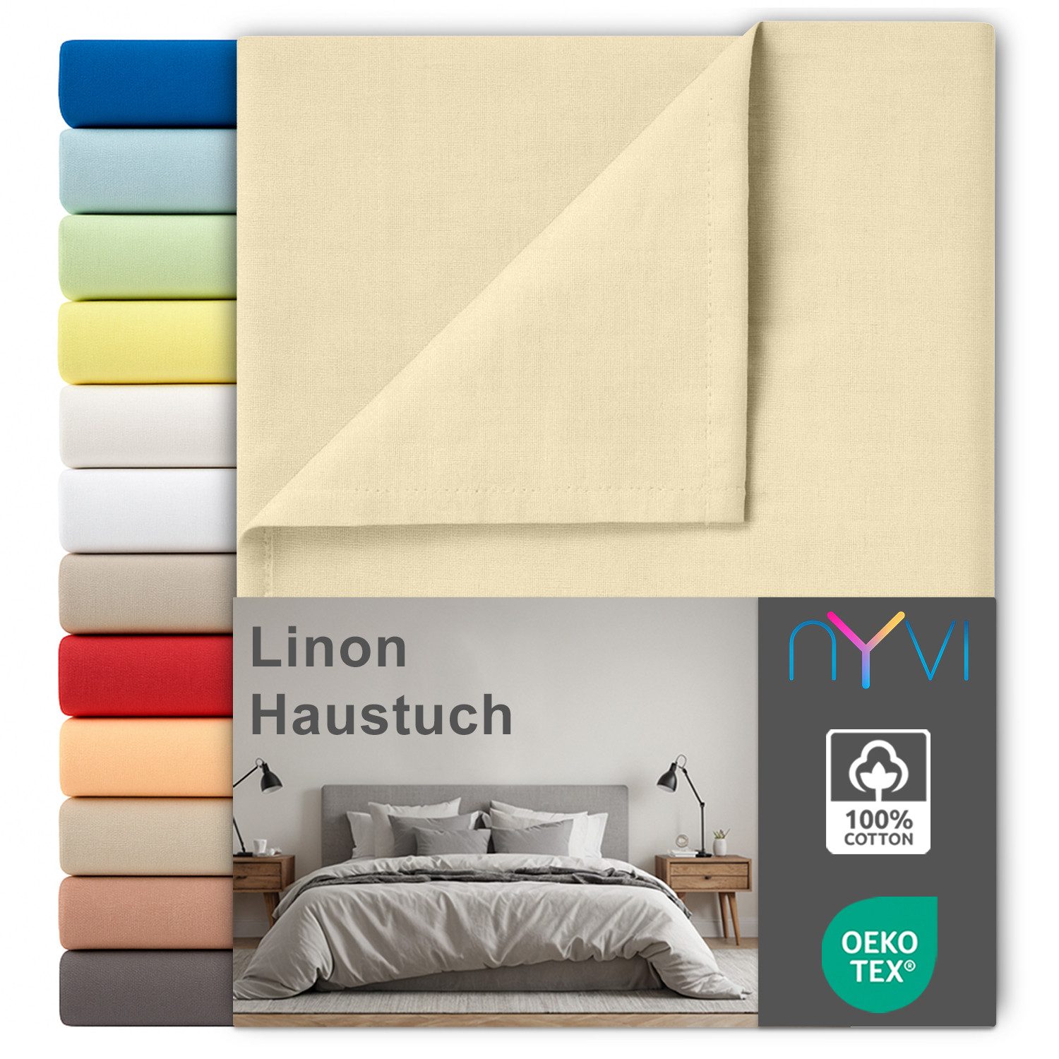 NYVI Betttuch Linon Deluxe Bettlaken ohne Gummizug aus 100% atmungsaktiver Baumwolle, Baumwolle, (1 Stück), Betttuch auch als Sommerdecke nutzbar,