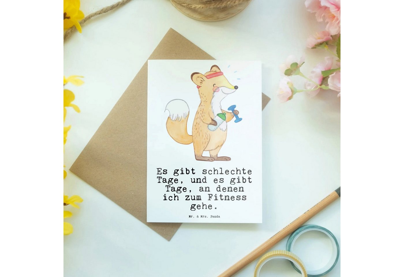 Thumbnail - Mr. & Mrs. Panda Grußkarte Fuchs Fitness - Weiß - Geschenk, Karte, Grußkarte, Hobby, Sport, Spor, Handgefertigt