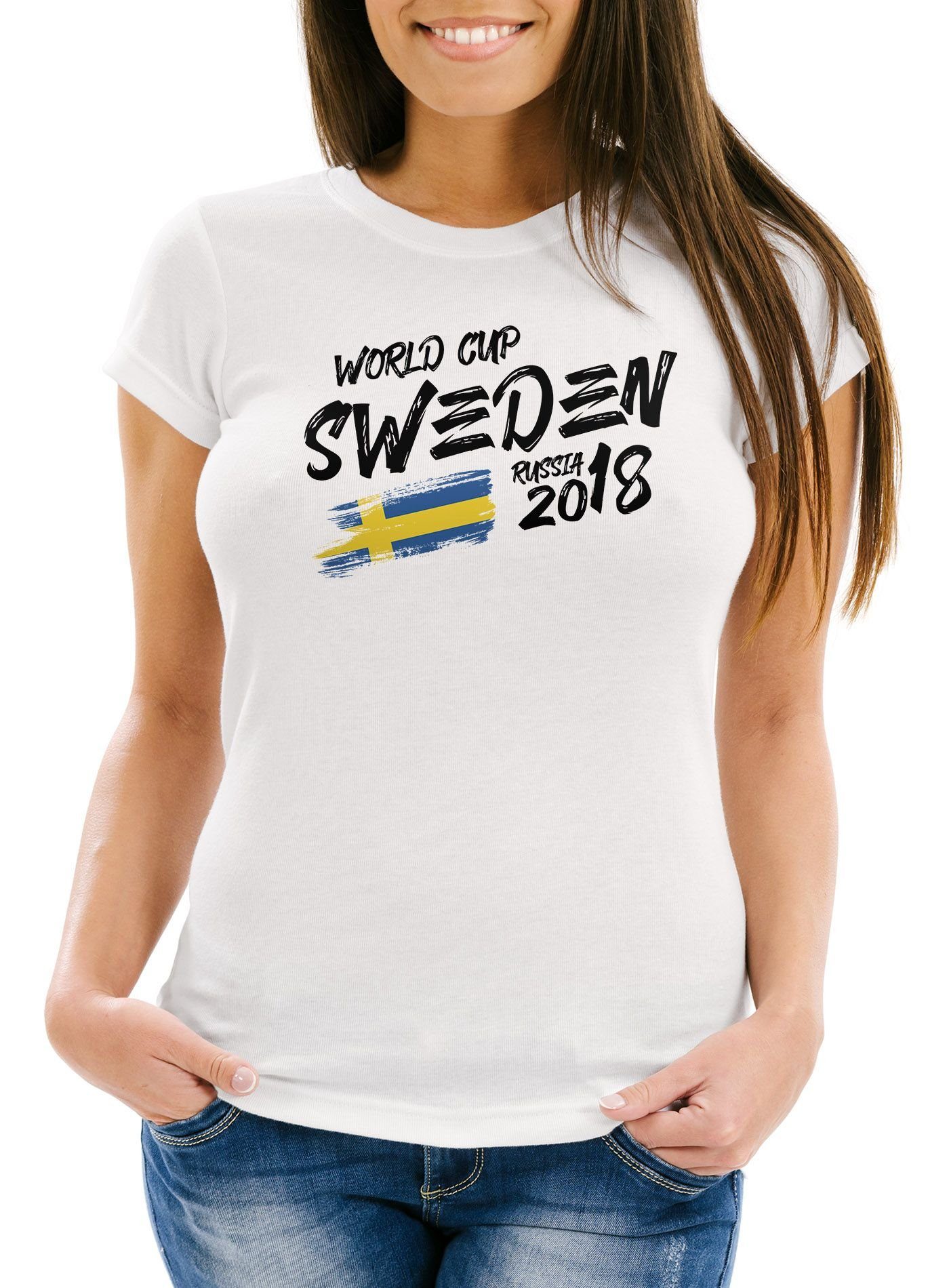 MoonWorks Print-Shirt Damen T-Shirt Schweden Sweden Sverige Fan-Shirt WM 2018 Fußball Weltmeisterschaft Trikot Moonworks® mit Print