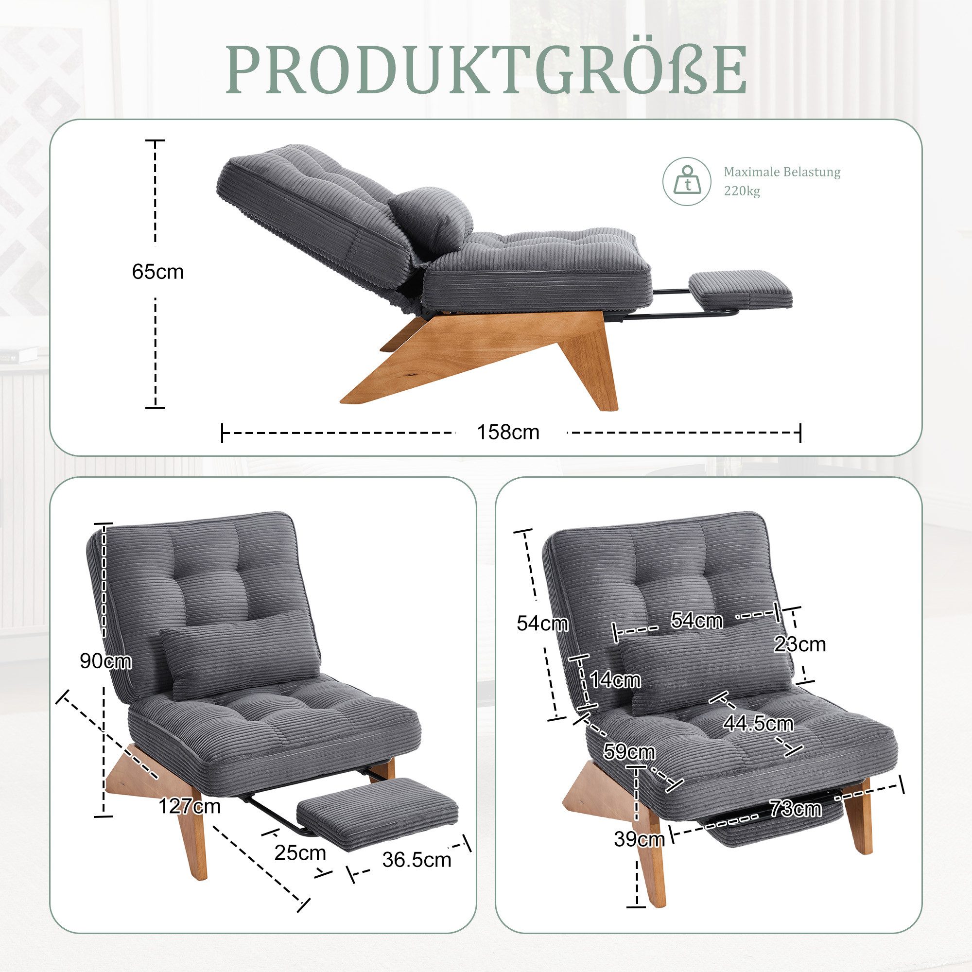 Furnishings Home Relaxsessel verstellbarer Loungesessel mit Fußstütze & Lendenkissen, Holzrahmen (Wohnzimmer/Schlafzimmer/Studierzimmer/Restaurant/Büro), Cord-Stoff, bis 220kg, verstellbare Rückenlehne, ausziehbare Fußstütze
