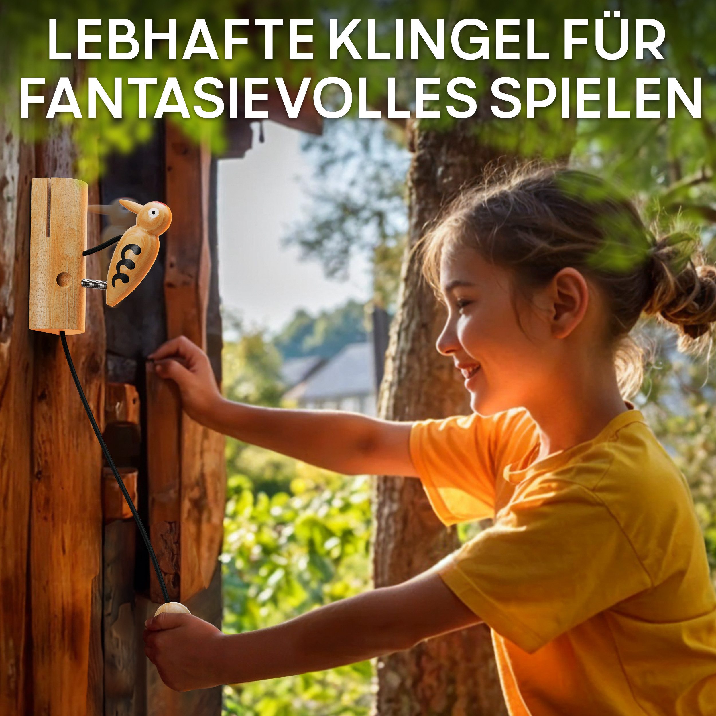 Eli Spielzeug-Gartenset Klingel aus Holz für Baumhaus - Spielhaus - Kinderzimmer - Haustür, (Stelzenhaus - Türspecht - Glocke - Geschenk für Jungen und Mädchen), Buchenholz