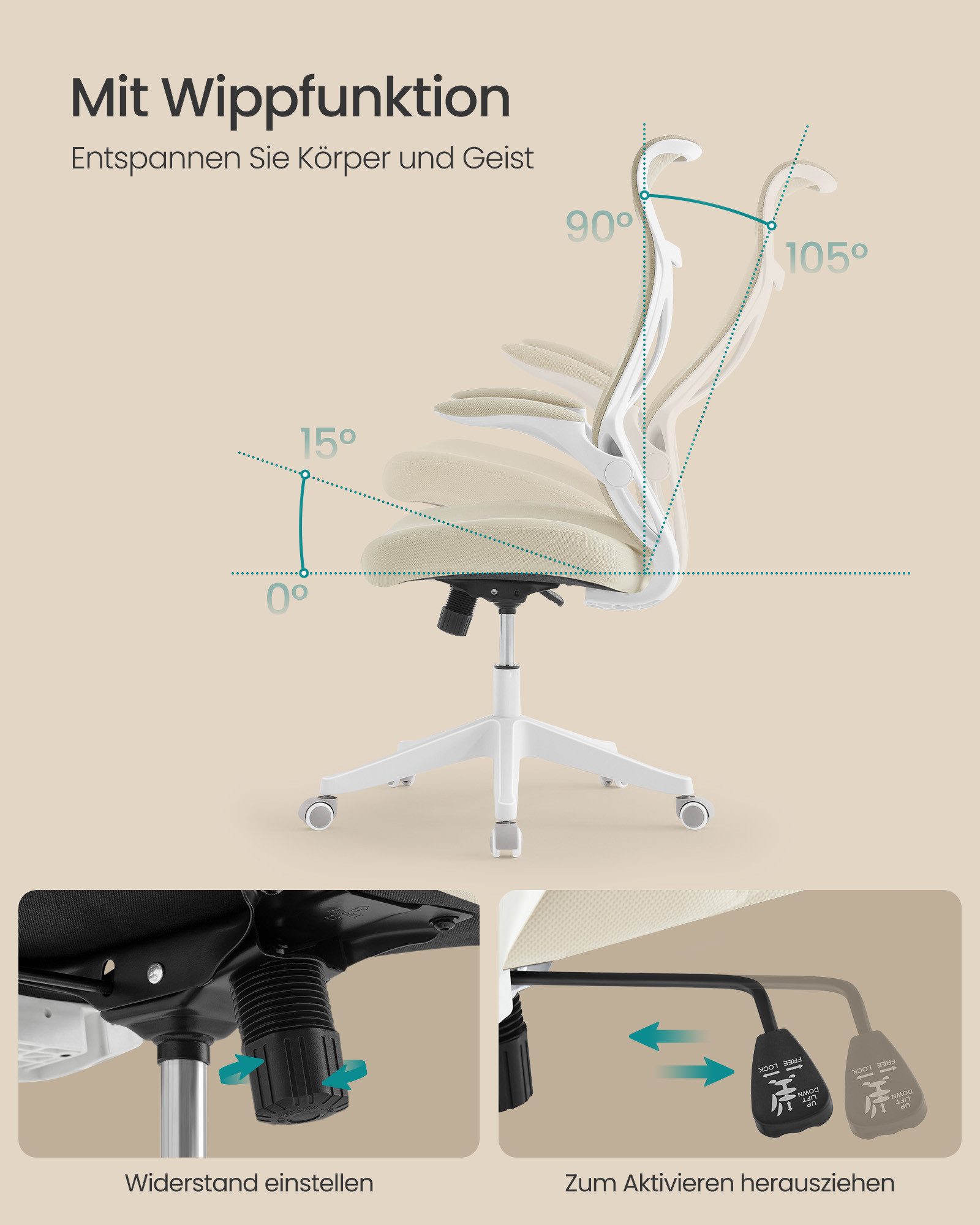 SONGMICS Bürostuhl Schreibtischstuhl hochklappbare Armlehnen, Schreibtischstuhl, ergonomische Rückenlehne, hochklappbare Armlehnen – Bild 5 von 5