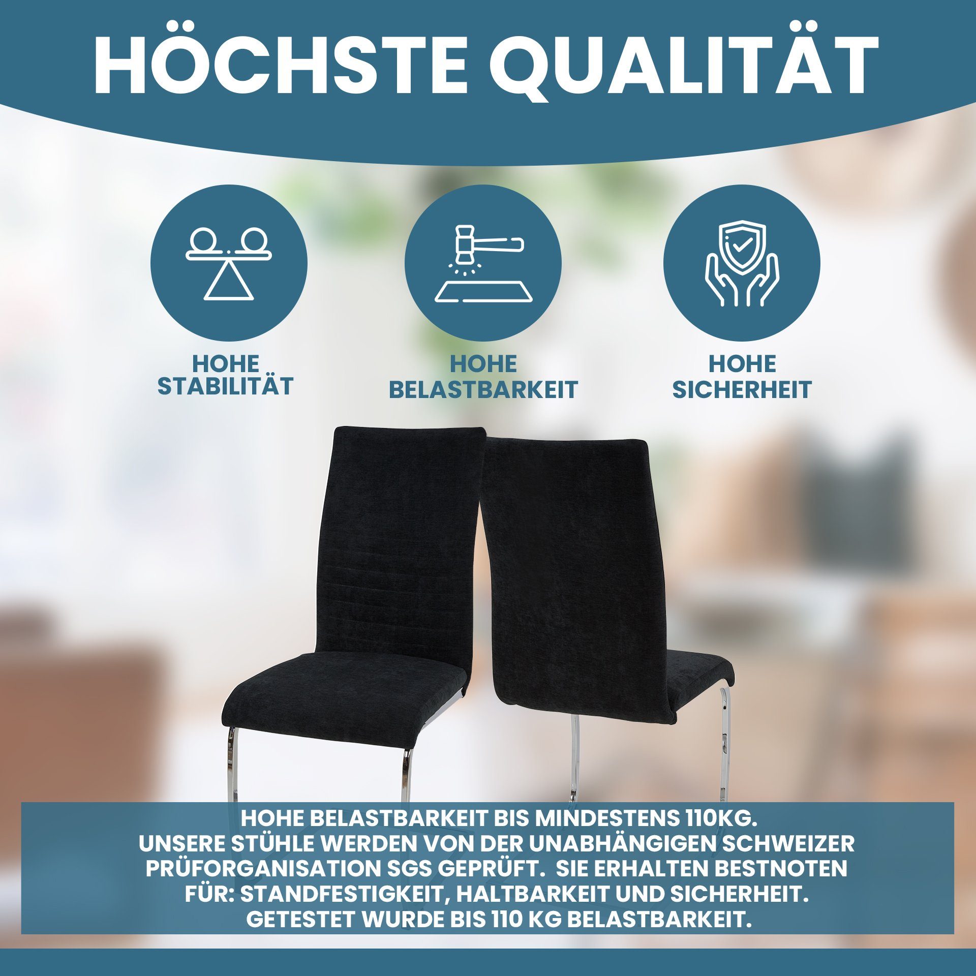Albatros International Freischwinger Freischwinger LUGANO 4er Set Schwarz Modernes Design Stoff (4er Set, Schwarz), Esszimmerstuhl Schwingstuhl mit modernem Design, dicke Polsterung