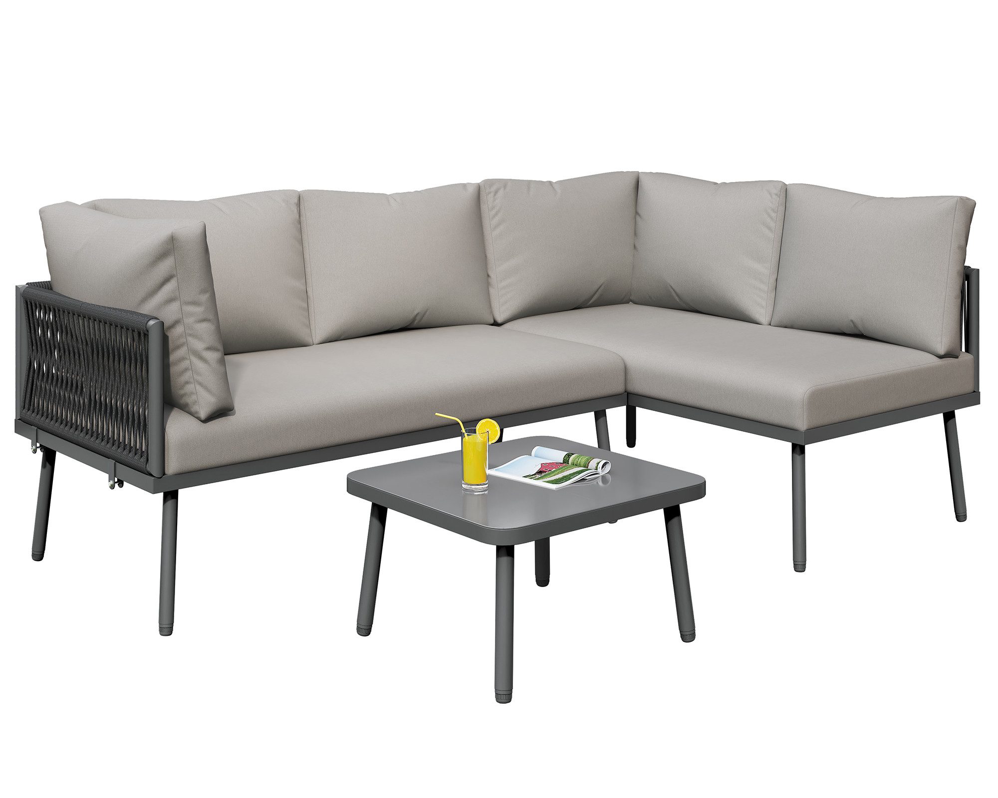 KLAM HOME Gartenlounge-Set aus grauem Seil handgefertigt mit Sitzkissen für 4 Personen, (3tlg., 2 Sofas 1 Tisch), Verstellbaren Füßen für Outdoor Terrasse Balkon Garten Indoor