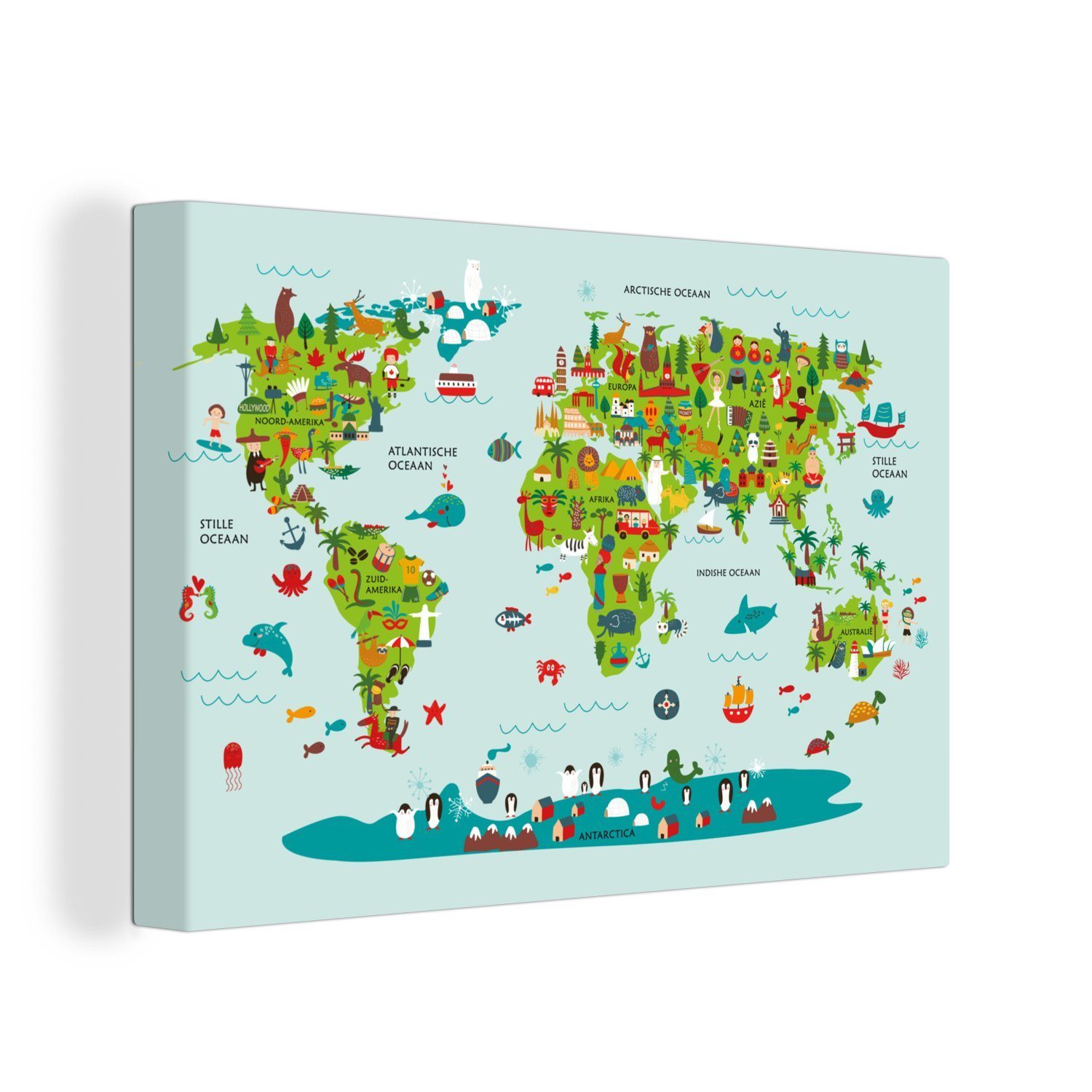 OneMillionCanvasses® Leinwandbild Weltkarte Kinder - Farben - Grün, (1 St), Wandbild Leinwandbilder, Aufhängefertig, Wanddeko, 30x20 cm