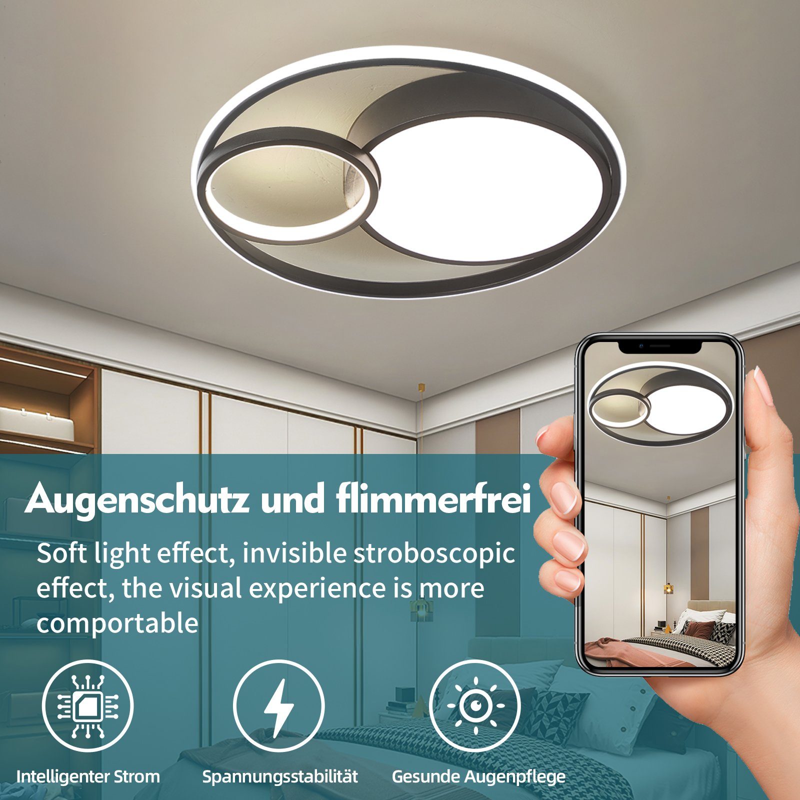Natsen Deckenleuchte 55W LED Deckenlampe, Ø50*8.5cm, Voll dimmbar mit Fernbedienung, 3000K-6000K, Warmweiß bis Kaltweiß, rund Moderne Deckenleuchte für Schlafzimmer, Wohnzimmer