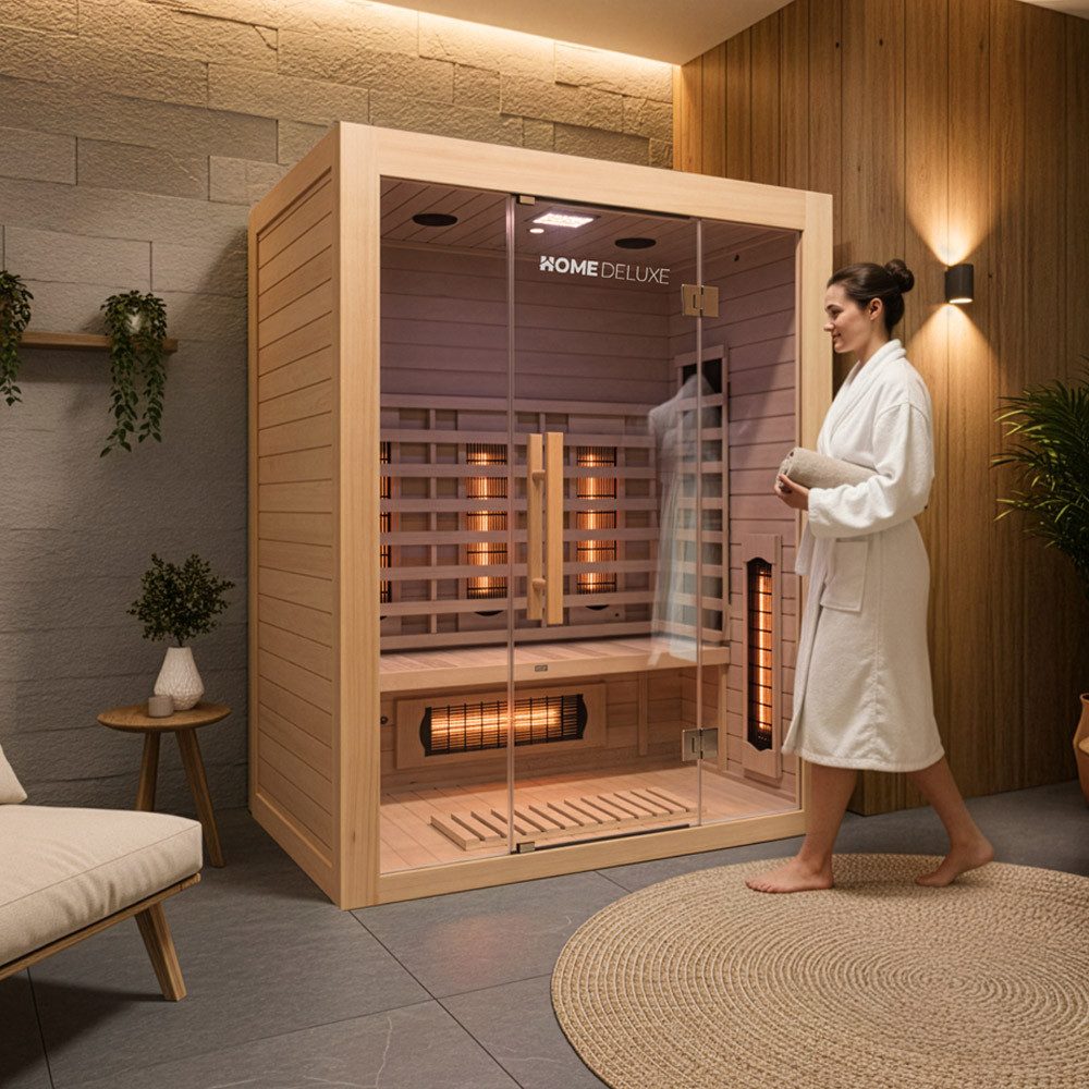 HOME DELUXE Infrarotkabine SAHARA L mit Vollspektrumstrahler, BxTxH: 150 x 120 x 190 cm, (Komplettset) 6 Vollspektrumstrahler, Hemlock-Holz, für 3 Personen I Infrarotsauna