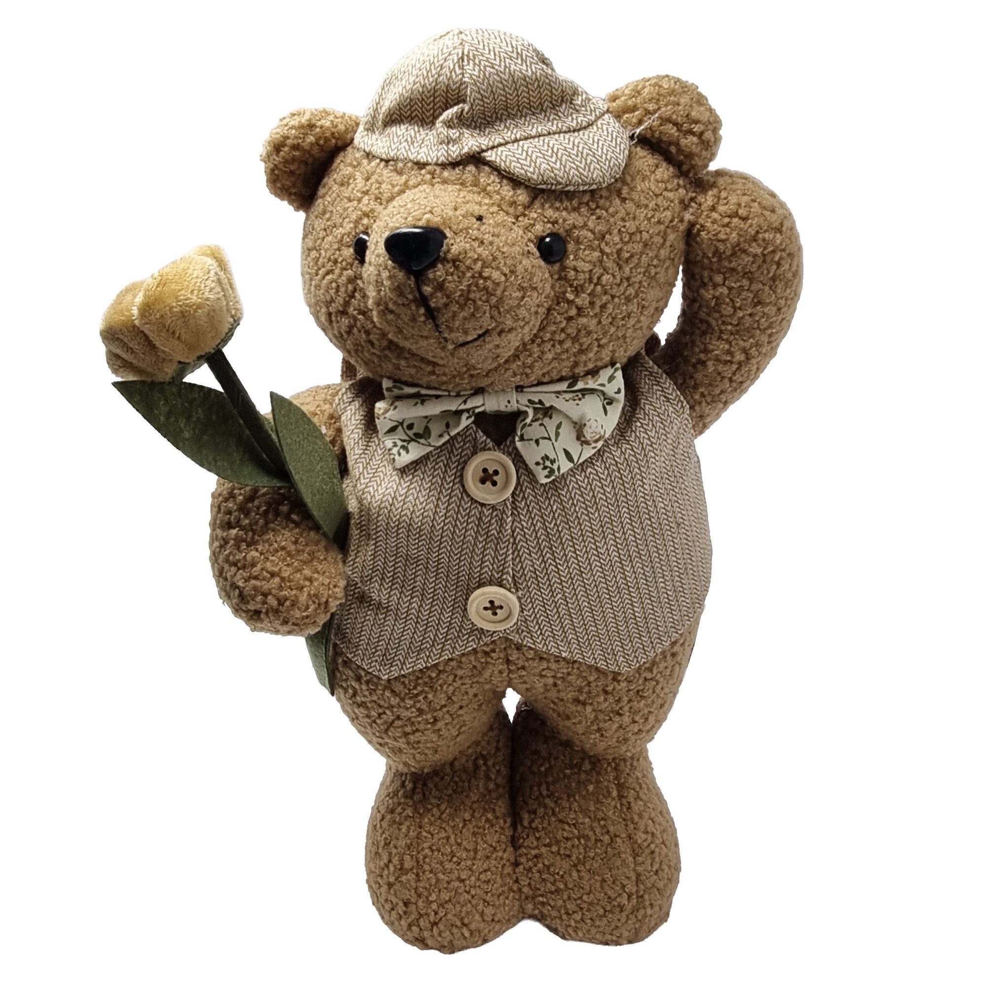 B&S Dekofigur Deko-Bär stehend 33cm mit Weste, Hut und Textilblüte