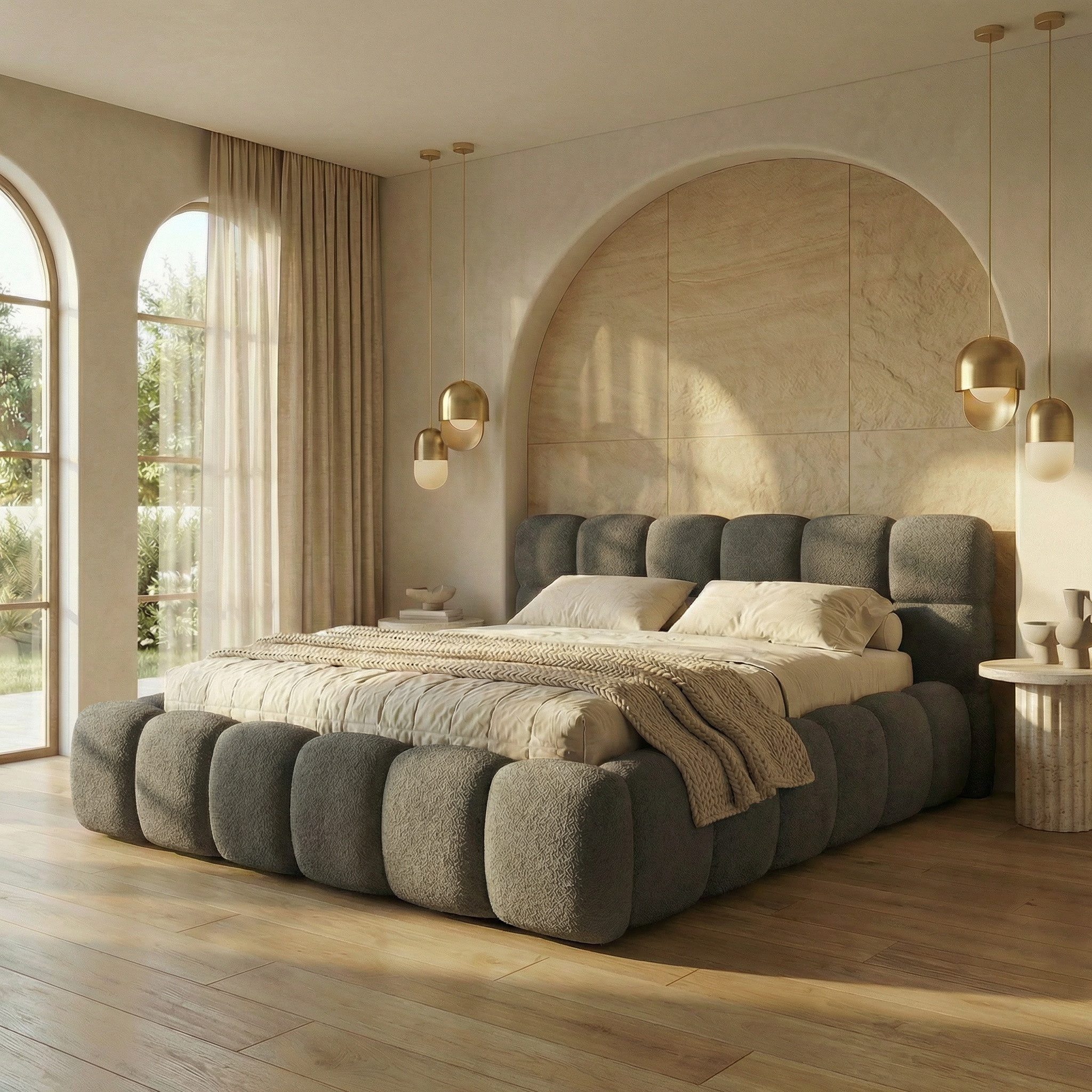 yourhouse24 Polsterbett Boston Slim Bouclé kompaktes Wolkenbett mit Bettkasten, Bubble-Optik & Japandi
