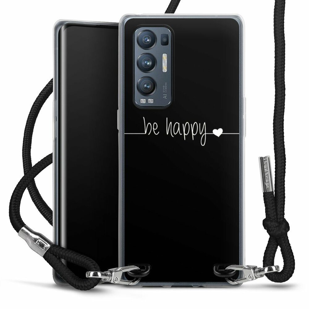 DeinDesign Handyhülle Statement Sprüche Glück Be Happy Black, Oppo Find X3 Neo Handykette Hülle mit Band Case zum Umhängen
