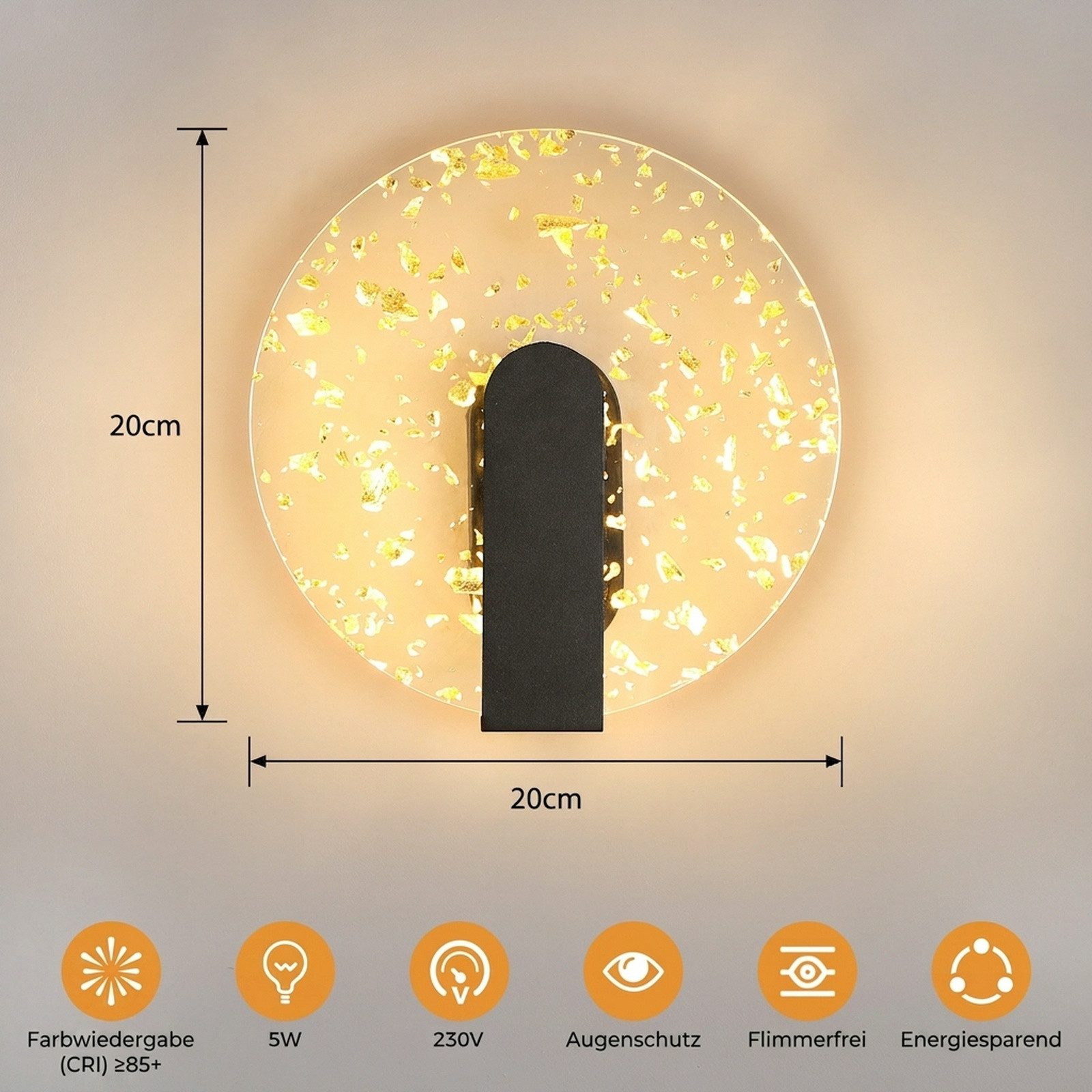 BlingBin LED Wandleuchte Innen LED, 5W Rund Modern Wandlampe Wandbeleuchtung aus Acryl, 500LM, LED fest integriert, Warmweiß, Warmweiß 300K, Wandlampe Innen für Wohnzimmer, Treppenhaus, Flur