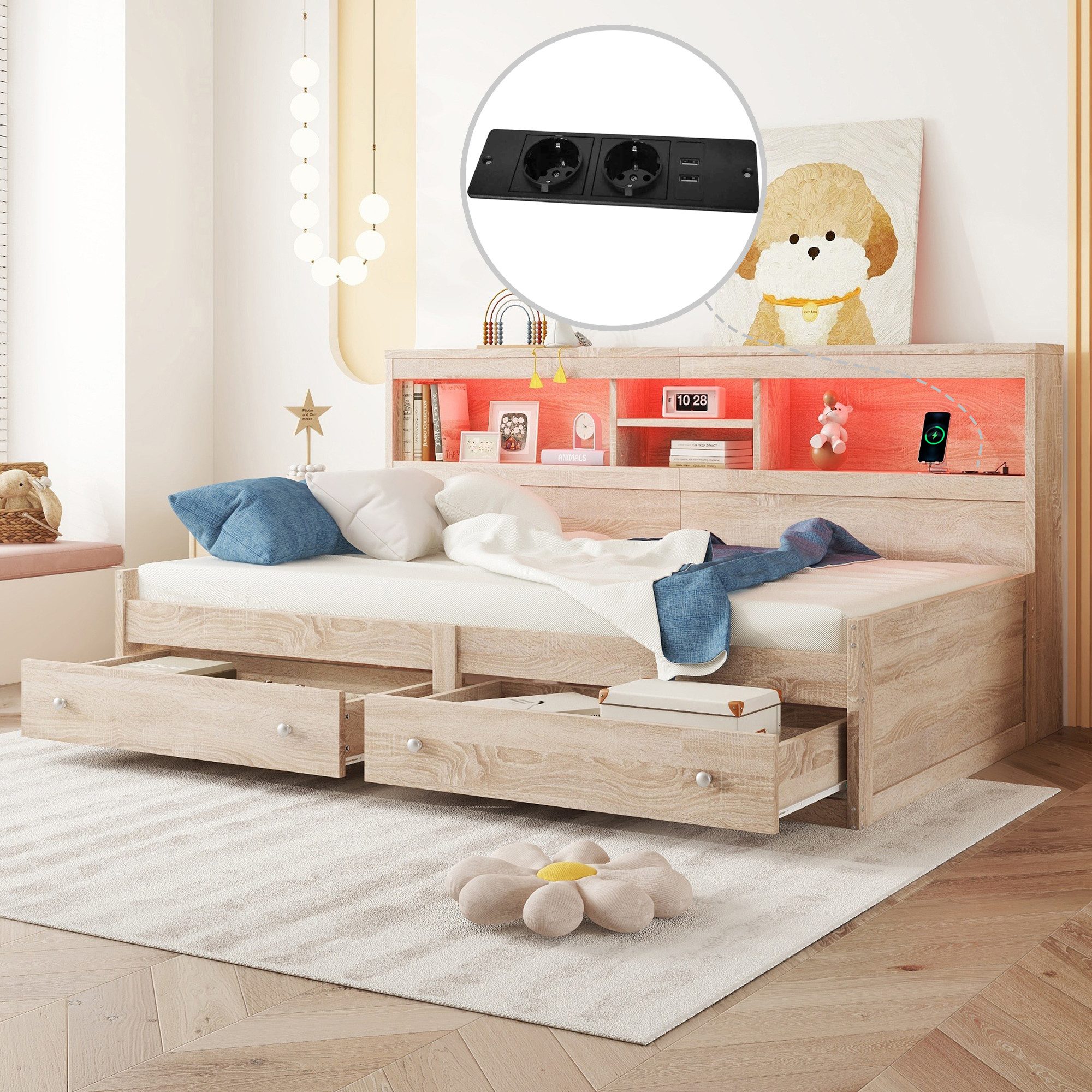 STILVORA Daybett Schlafsofa 90×200 Tagesbett mit Steckdose, Kinderbett mit LED-Leuchten (USB-Anschlüsse und LED-Beleuchtung, Bett mit Schubladen und Lattenrost, Spanplatte), ohne Matratze