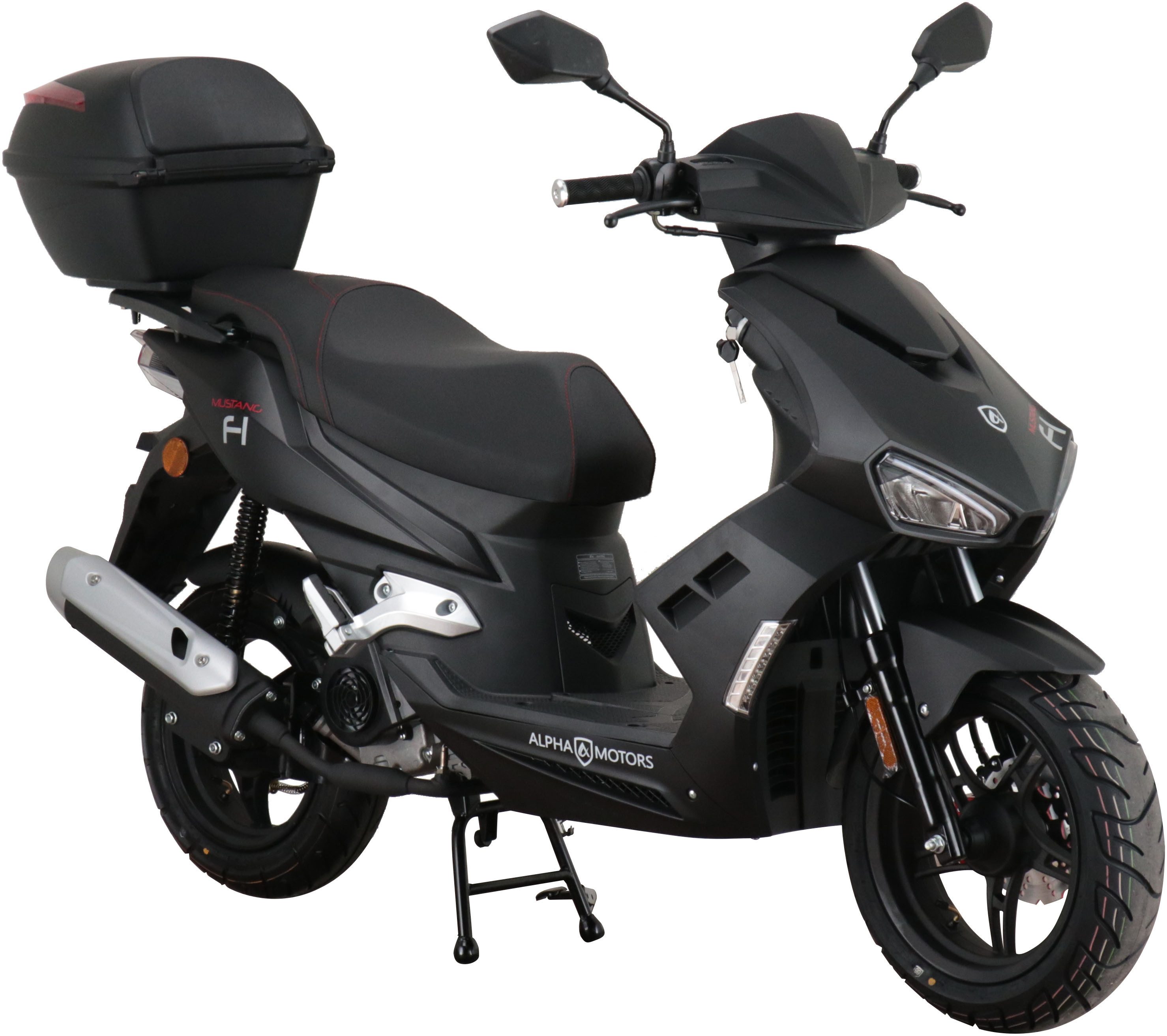 Alpha Motors Motorroller Mustang FI, 50 ccm, 25 km/h, Euro 5, (Set, mit Topcase), mit USB-Anschluss und Lenkerschloss, sportliches Design