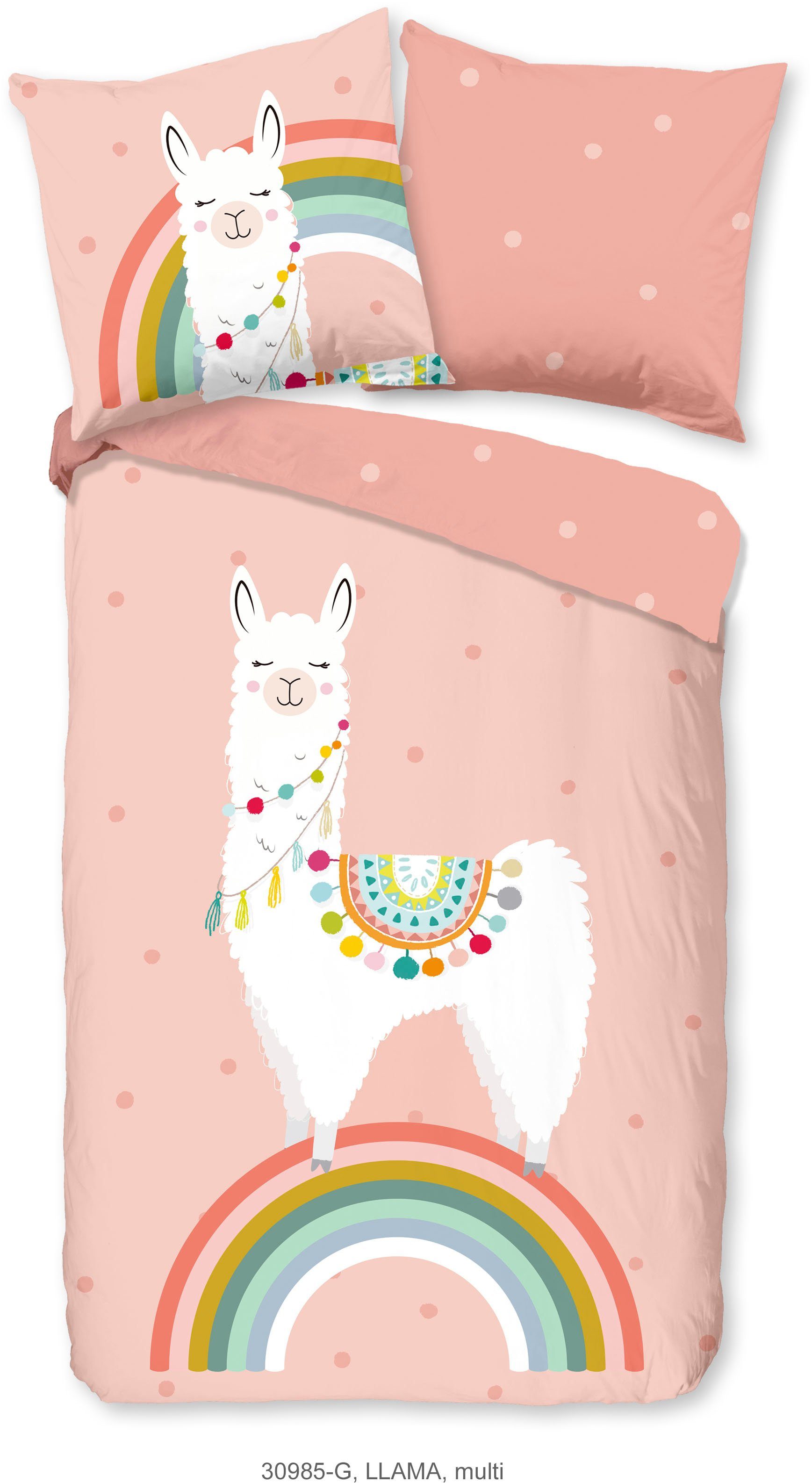 good morning Kinderbettwäsche Llamaa, Renforcé, 2 teilig, Baumwolle, 135x200, Reißverschluss, Wende, Kind, Mädchen, Lama, Rosa – Bild 2 von 5
