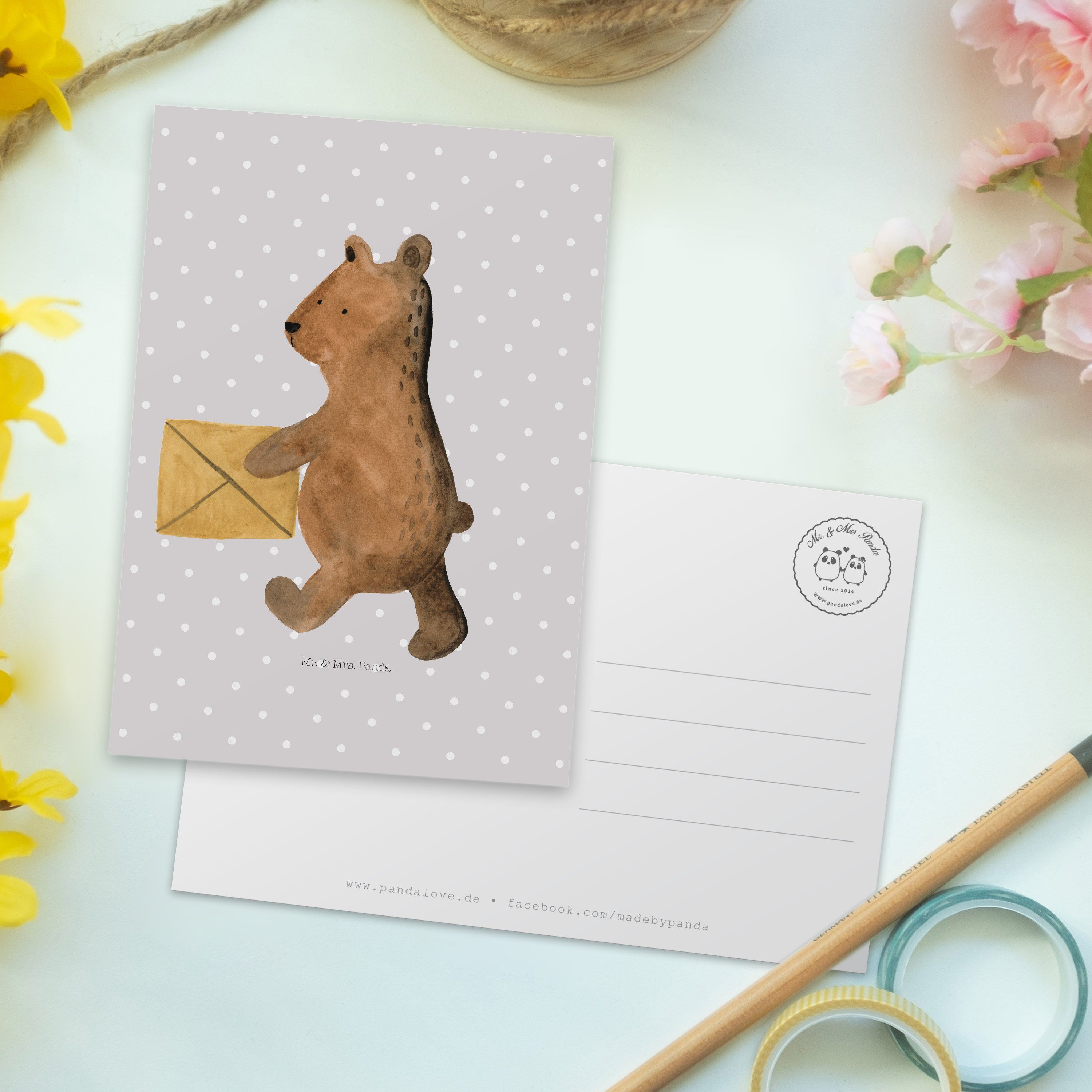Panda Postkarte Grau - Mrs. & Geschenk, Mr. Geburts Dankeskarte, - Pastell Zuhause Bär Teddybär,