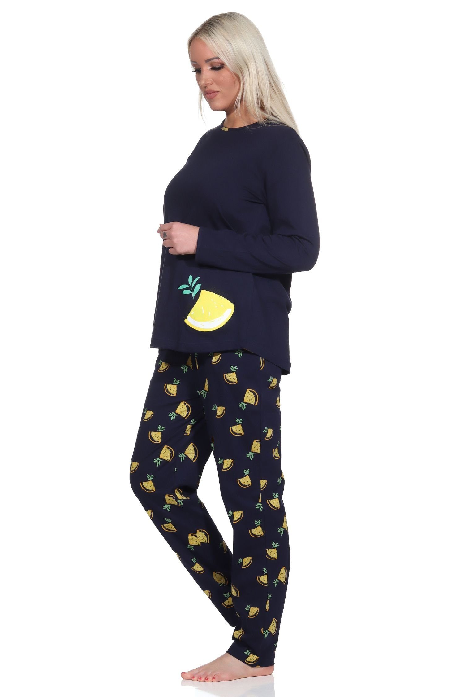Damen Süsser mit Pyjama Schlafanzug Motiv Normann Pyjama Zitronen marine als langarm