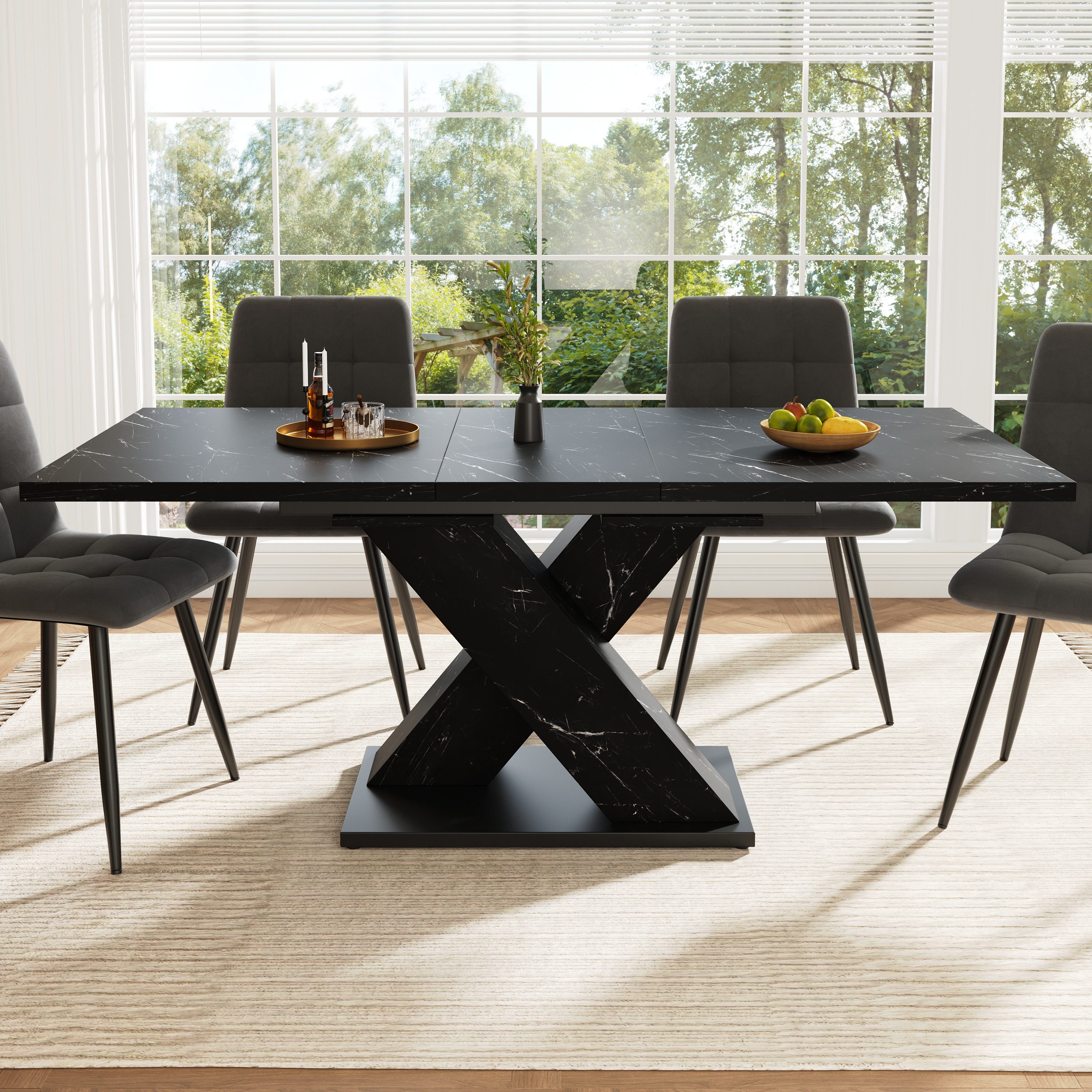Ulife Esstisch Extendbarer Esstisch Schwarz mit Marmoroptik, MDF,119(158.5)*80*75cm (2-St), Ausziehbarer Marmortisch mit X-Gestell für 4-6 Personen