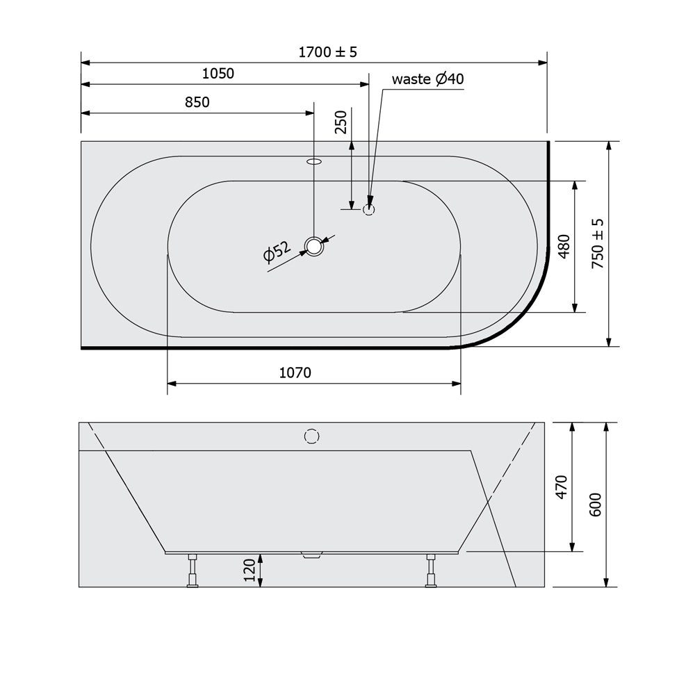 Polysan s.r.o. Badewanne VIVA L MONOLITH asymmetrische Badewanne 170x75x60cm, weiß/schwarz, (1-tlg)