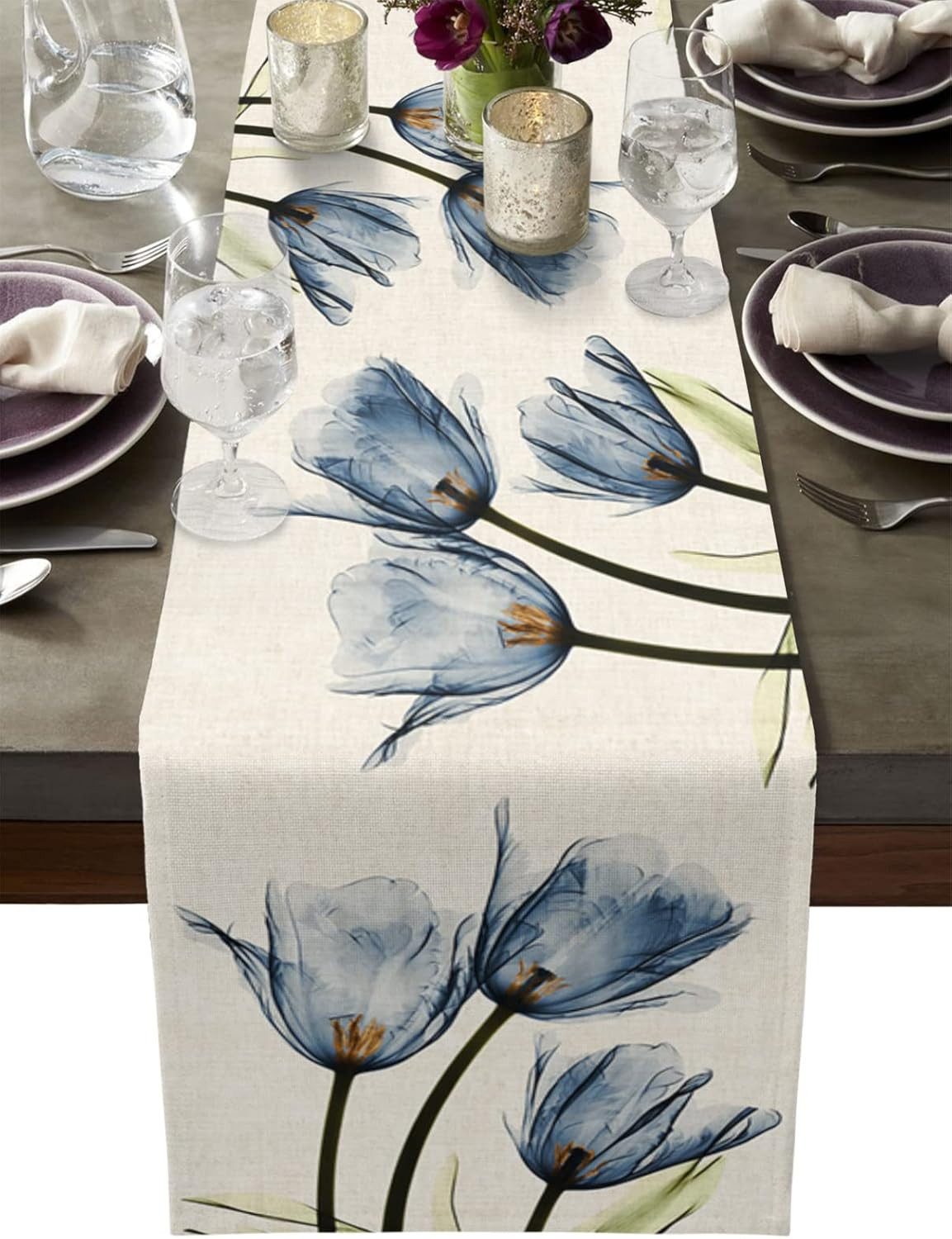 FELIXLEO Tischläufer Tischläufer Blaue Blume & Beige 33x178cm Polyester Abwaschbar (1-tlg)