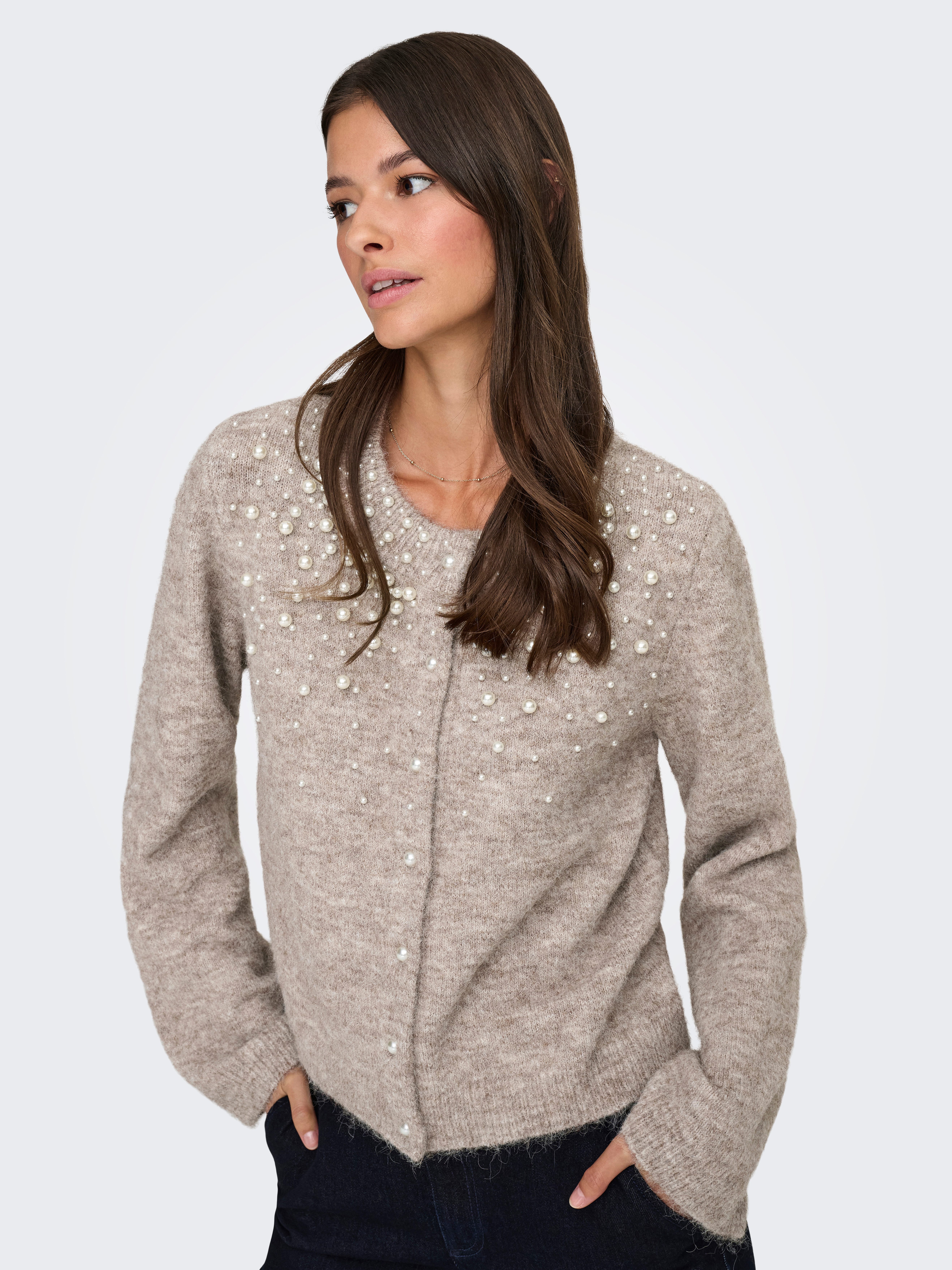 ONLY Strickjacke ONLMIGGIE LS O-NECK PEARL CARDIGA EX KNT Materialmix, regular fit