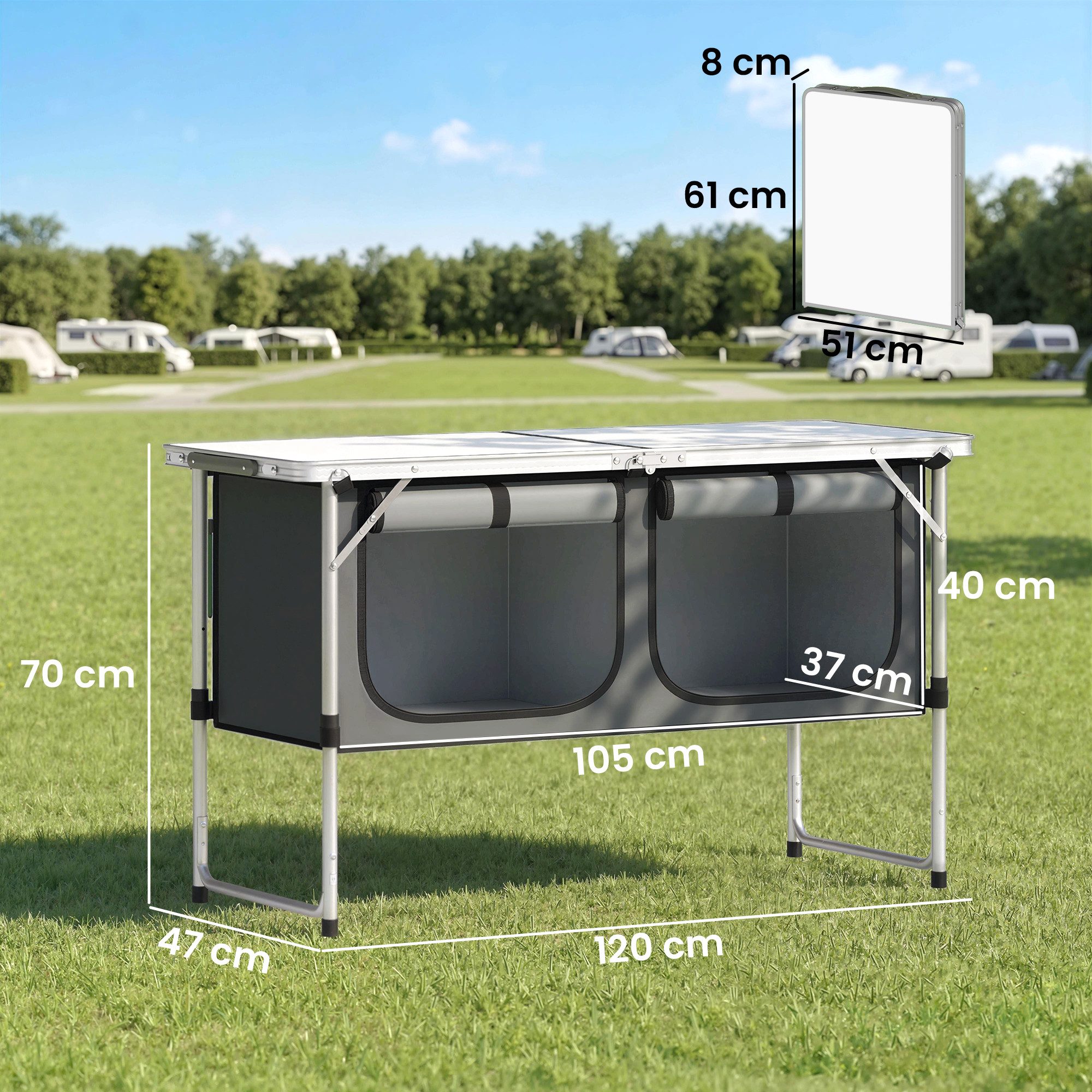 Outsunny Schrankeinsatz mit Aluminiumgestell, Staufach, Arbeitsplatte (faltbar Campingschrank, 1 St., Camping Küche), für Camping Reisen Silber